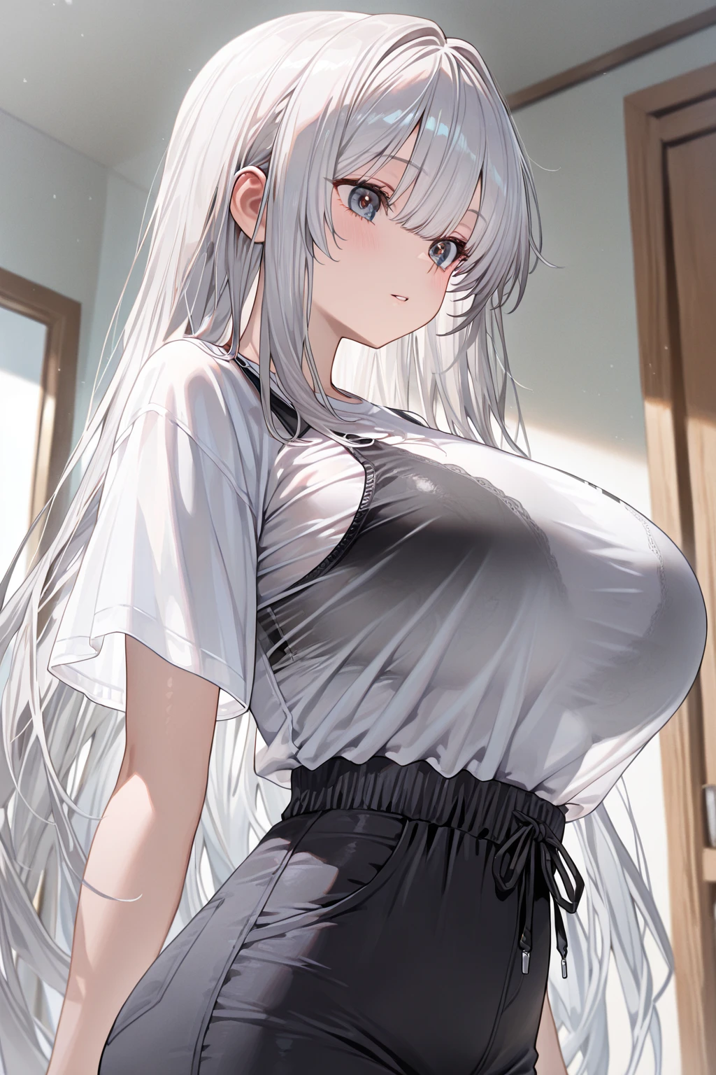 (Uhd, Masterpiece, Textured Skin, Super Detail, High Details, High Quality, Best Quality), Detailed Face, 1woman, mature pretty woman, (Huge Body:1.5), (Silver hair tied in a bun, long hair), (Short black top shirt, jeans pants), standing