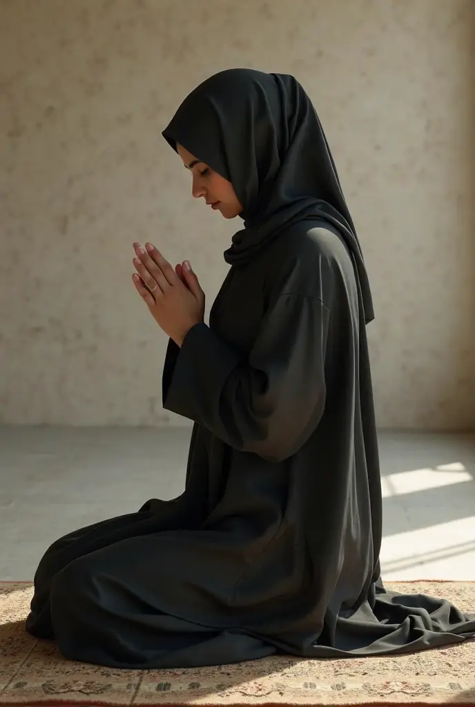 A 40 year old Indonesian Islamic mother with a sexy body, a sharp nose, thick eyebrows, big breasts and buttocks, begged and showed her breasts on a prayer mat. camera in front of him