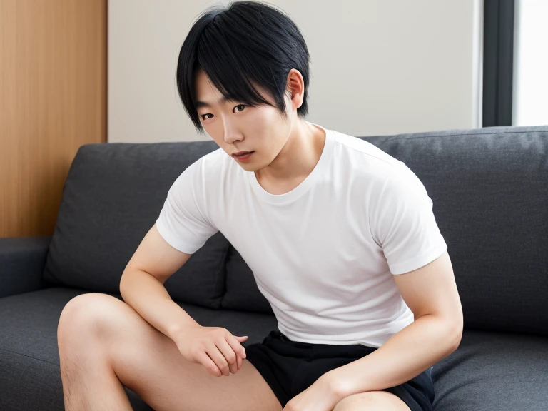 (super sharp focus), (Hairy legs), (((full body))), Japanese man, twenty years old, very short hair, Black Hair, sitting, Wearing shorts, nude