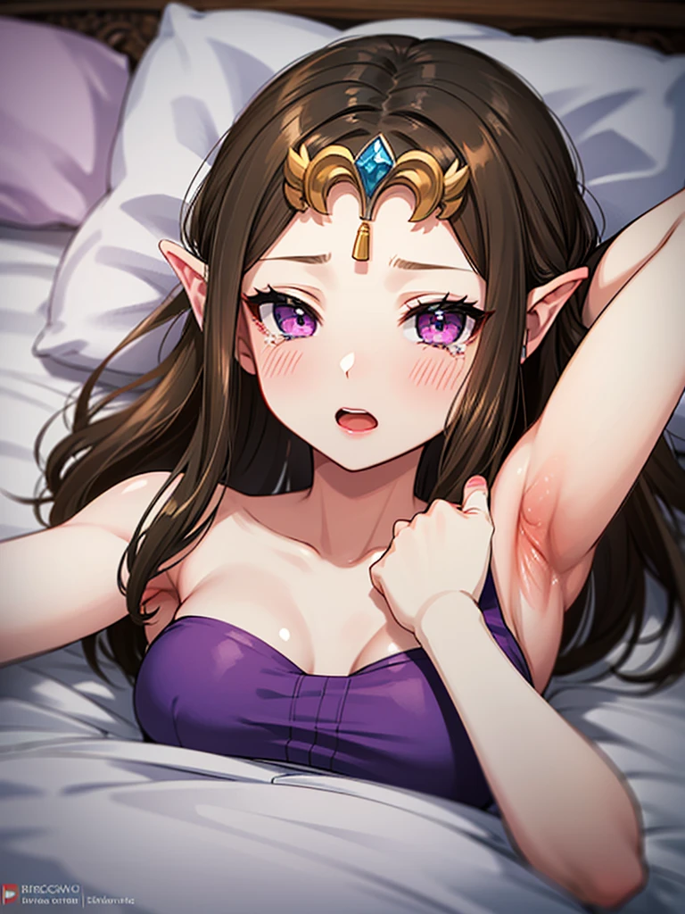 (absurdres, Masterpiece, best high quality image, carefuly detailed features and textures, very detailed image, no deformity, good anatomy, full character view and design, character alone) {{(1character:900 years old brown-haired elf noble mature beautiful milf princess:,(dark-brown short-messy-spiky-hair with ahoge, fair skin, purple eyes, brown eyebrows, absolute feminine elder beauty, beautiful and sexy features, huge breasts, tall voluptuous body, beautiful arms, beautiful legs, short pointy ears, beautiful hips, smiling, happy expression, modeling sexy pose),(she wears: purple one-piece fitness leotard, red-jewell gold-necklace),(she is: lying on bed seductive and horny,), (double bed, double bedroom, with pink bed-sheets, wooden bed, blue walls, marble furniture)}}