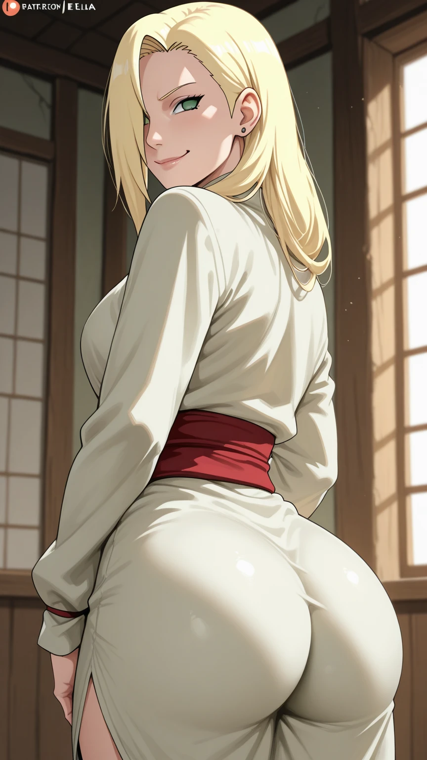 masterpiece, best quality, extremely detail 8k cg, high resolution, 1girl, tsunade, blonde hair, blue eyes, thin body, extra large breasts, vagina, nipples, naked, sweating, kneeling, hands behind back, pleasure face, indoors, bedroom, beautiful face, nsfw, medium full shot, from below