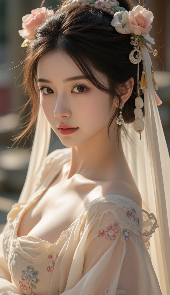 1girl, (beauty breast), (upper body), ((very transparent) Hanfu), (??????_pose), indoor bedroom castle (blur background), (masterpiece),leejieun, (aphrodite goddess), pretty young face (Russian) (Asian), adept art, very best quality detailed face:1.5, (8k HD graphic, (soft and chill light), best quality detailed ultra highres:1.2 dynamic lighting, artstation, winner photography, volumemetricslighting),