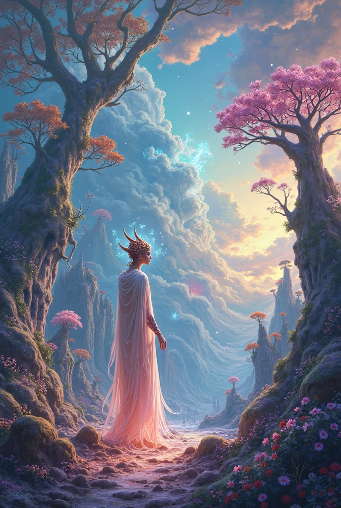In two woods, I want a painting that completes itself, in the Lore of Olympus scenario, being at the top the blue background where Hades is sitting under a tree with pink petals coming from below, in the second frame I want Persephone walking with her long pink hair I want darker pink petals coming out of her and for the black floor from the top image to run into the bottom image, simple image to paint