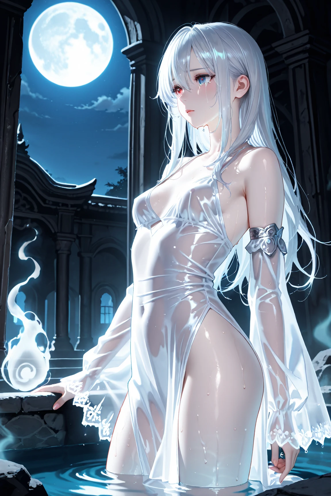 a girl、a baby face、Very cute、slim and beautiful、((small :1.2))、well drawn eyes、charming eyes、double tail、Wear jewelry and pearls around your neck，Transparent openwork、deep v、crystal pearl、在Wear jewelry and pearls around your neck，white hair, Showing thighs, bare shoulders, Show collarbone, Yao Liu, barefoot，((whole body))、painful posture,elf woman, detailed face, detailed eyes, detailed hands,
