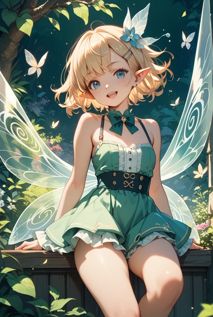 (masterpiece, best quality), beautiful girl, 
tinker bell, blushing, detailed eyes, 
green fariy outfit, lying, iridescent fairy wings, (detailed beautiful eyes) medium body shot, (blonde hair), red ribbon, big breasts, cleveage, white panties, ultra detailed green eyes,