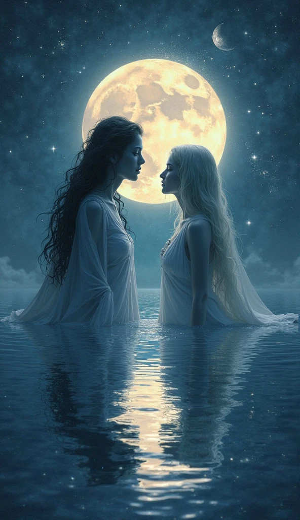 (masterpiece:1.8), (extremely high-quality:1.8), (photorealism:1.8), (8K ultra high definition:1.8), (cinematic lighting:1.6), (dramatic blue moonlight:1.6), a breathtaking, photorealistic fantasy landscape under a full blue moon, with the moon casting a bright, blue glow that reflects on the calm, serene lake. The sky is filled with swirling clouds, creating a mystical and ethereal atmosphere. Two powerful women stand facing forward near the lake, their auras glowing with magical energy. The Nordic warrior, with long, braided blonde hair adorned with blue glass beads, wears a white, ethereal, and translucent silk dress that reveals her toned, athletic figure, emphasizing her curves and strength. Her blue eyes shine with divine power, and her large, firm bust is complemented by her strong, sculpted back. The divine sorceress, with long, wavy black hair, has a voluptuous, perfectly sculpted figure, and her dark, ethereal, and translucent outfit clings to every curve, highlighting her sensuality. Her glowing purple eyes emit a seductive magical aura. The vegetation around them glows in various colors, with luminescent plants and mystical creatures like floating fairies adding a magical touch to the scene. The entire environment exudes an aura of power, magic, and epic adventure, perfectly balancing the mystical elements with the natural beauty of the landscape.
