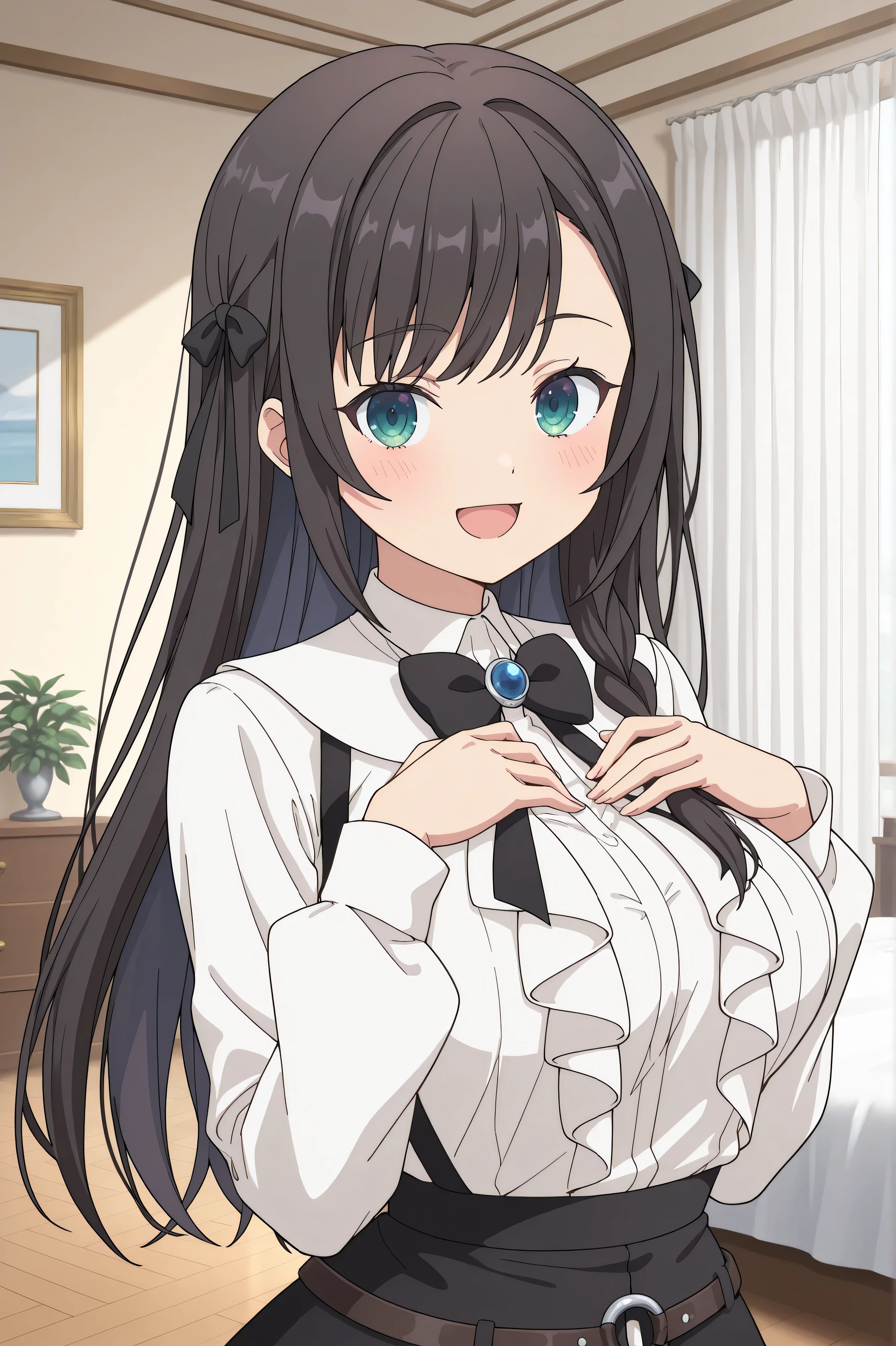 {{{masterpiece}}}, {{{best quality}}}, {{ultra-detailed}}, (detailed skin texture),solo,
alina clover (girumasu), long hair, black hair, swept bangs, (black hair ribbon), single braid, blue eyes, (green eyes:0.8), beautiful , white blouse, suspenders, black bowtie, jewelry, center frills, long sleeves, black skirt, belt, o-ring, white socks, mary janes, looking at viewer, cute smile, open mouth, standing, straight posture, large living room, bed, white curtains , (upper body), hands on
