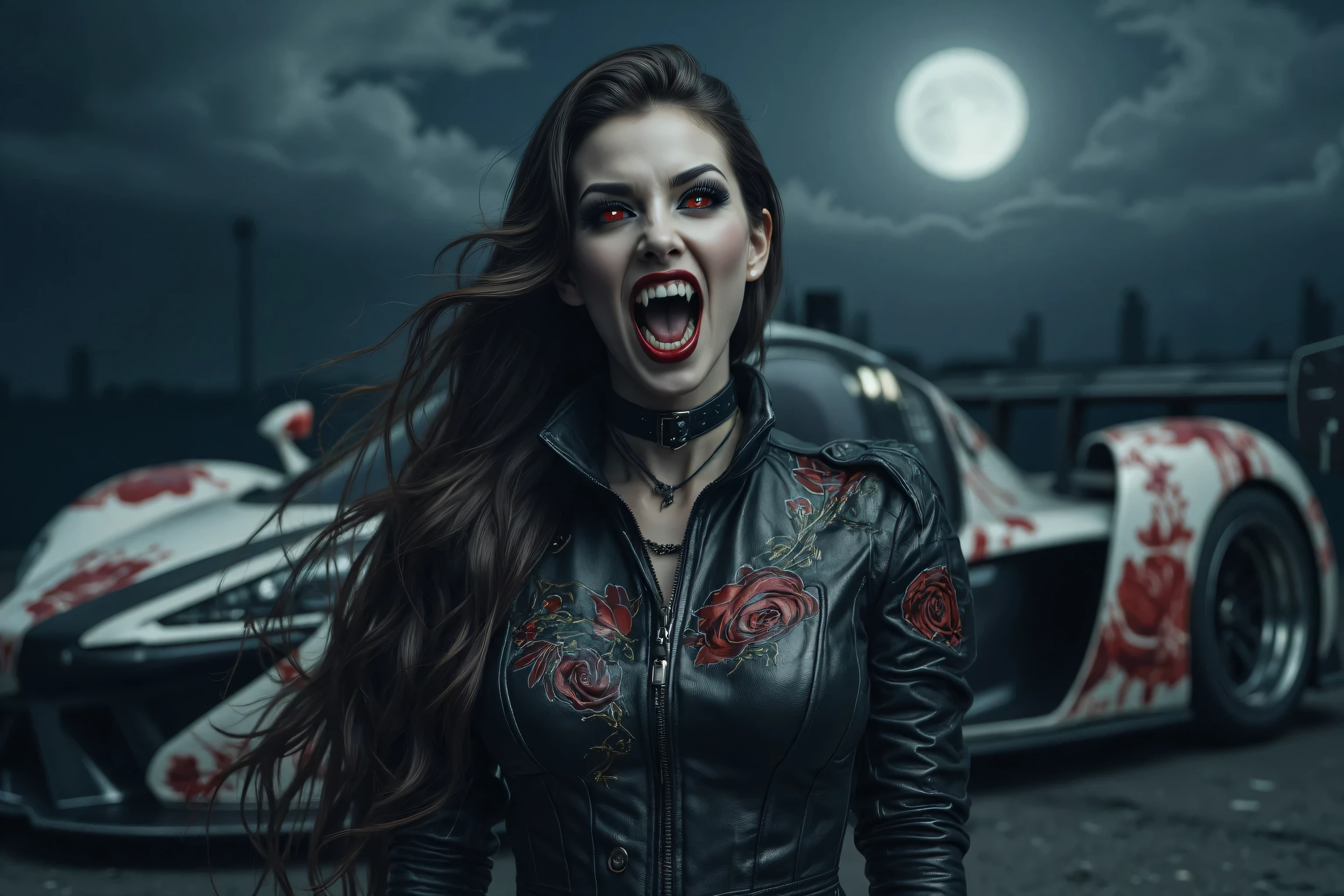 Dracula,03hyp3rd3tail style,w1n,zavy-ctcmcs,a picture of a female vampire race driver standing near her racing car (intense details, Masterpiece, best quality), elegant, glam, fantasy leather racing suit, with rose patterns, high heels boots dynamic clothing, an ultra wide shot, full body (intense details, Masterpiece, best quality)epic beautiful female vampire (intense details, Masterpiece, best quality), pale skin, fangs, red glowing eyes, rich hair, flowing hair, action shot, white racing car with blood red patterns, red lights, night, full moon (intense details, Masterpiece, best quality),  sense of daring, sense of awe, fear, gloom,  high details, best quality, 16k, [ultra detailed], masterpiece, best quality, (extremely detailed), dynamic angle, ultra wide shot, photorealistic, RAW, fantasy art, dnd art, fantasy art, realistic art, 
