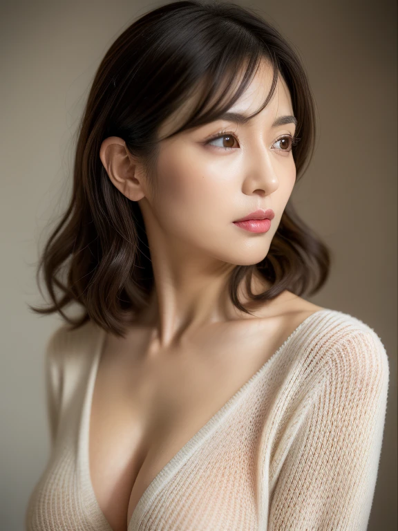 (In 8K, Highest quality, masterpiece:1.2), (Realistic, Realistic:1.37), Very detailed, Natural light, Center of chest, Her cleavage is visible, 1 person, 40-year-old woman, brown ash hair, short hair, Light purple see-through dress, (Wide open chest:1.5), Very detailedな顔と肌, Detailed eyes, Very detailedな顔と肌、Ceiling camera、 (Viewers look up at a 45 degree angle:1.5)、Hotel Bar、indirect lighting
