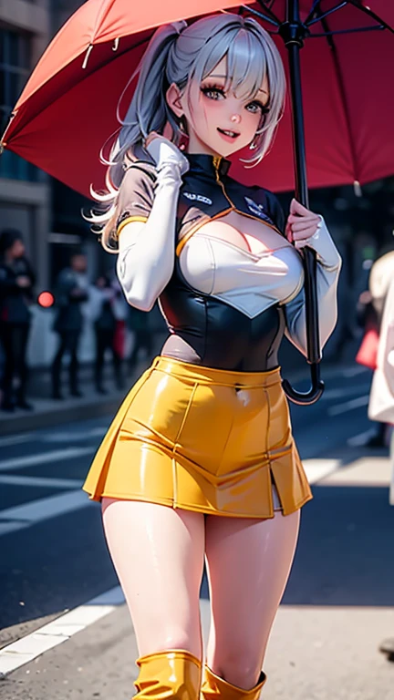 Fishnet Stockings, High quality, a high resolution, high quality face, ultra-detailed, Gorgeous girl, big ass, big breasts, Beautiful breasts, flowing mini skirt, translucent top, ((yellow long hair)), front view, Emphasis on the chest, close-up breasts, walks down the street, A busy street, my people,
