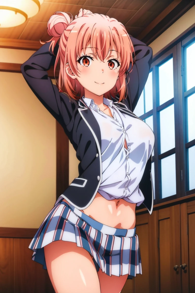 Highest quality, High resolution,  Pixel Perfect, (Beautiful Anime Girls), Written boundary depth, Observe the audience, Perfect body, yuigahama yui, Brown eyes, Detailed eyes, Single hair bun, (Big Breasts:1.2), Red ribbon, White shirt, Black jacket, (Check skirt:1.5), garden,  smile, blush, (Lift up the skirt:1.5), (Wide pelvis:1.5), (Big Ass:1.5), Ass Ass Ass, (Thick thighs:1.5), (Pink Panties:1.5), (From behind:1.5), (Buttocks up from below:1.5)