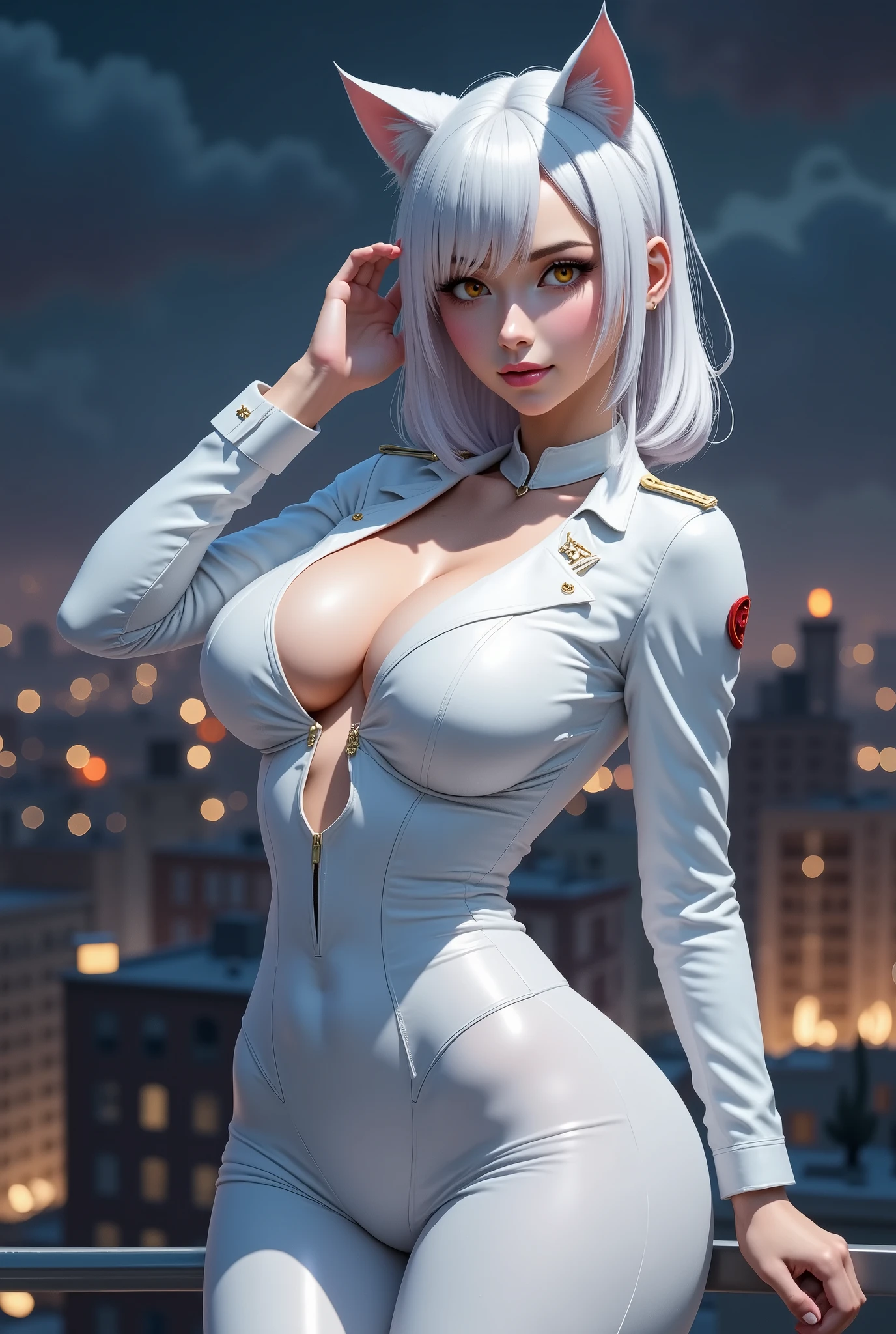 (masterpiece, best quality, cinematic, photorealistic, ultra-detailed), (1girl, Japanese:1.2), sexy body, (wide shot, from behind:1.5), good hands, wide hips, (large breasts, underboobs:1.5), (round ass:1.2), (wearing a very tight white leather suit, paired with combat boots and gloves:1.5), (messy white hair with accents of red, with bangs, red eyes, detailed pupils, red lips, fluffy lips:1.4), (detailed eyes, detailed pupils), (leaning at the wall:1.3), (navel is shown:1.3)