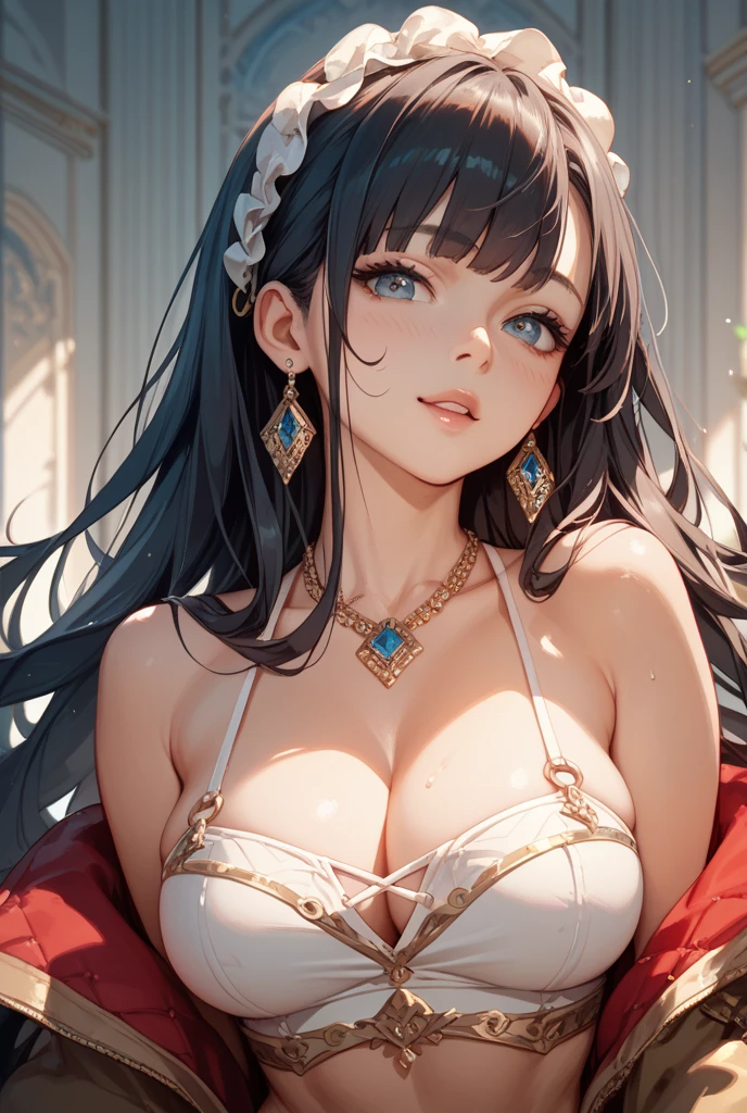 1girl, solo, black hair, long hair, blunt bangs, with spirals in her eyes, blush, earrings, white dress, off shoulder, blush, evil smile, Big bouncy tits, with a lascive expresion, with a expresion of superiority looking down on someone