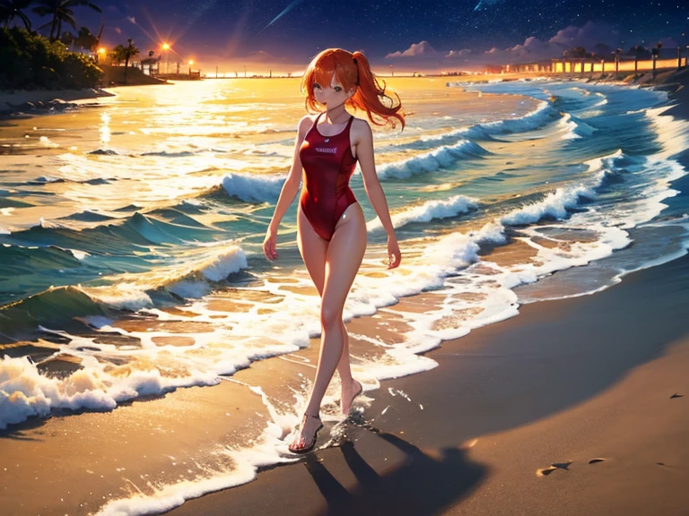 A woman resembling Asuka from Evangelion is having fun in an orange swimsuit on a beautiful beach at sunset.