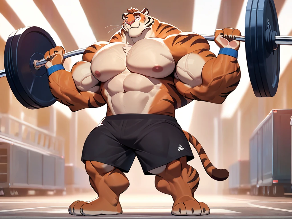 Solo, Sweating, hard breathing, gym, huge muscular, huge pectoral, pectoral, furry tiger, masterpiece, hi res, hight detail, detailed, 8k, shirtless, hyper muscle, huge body