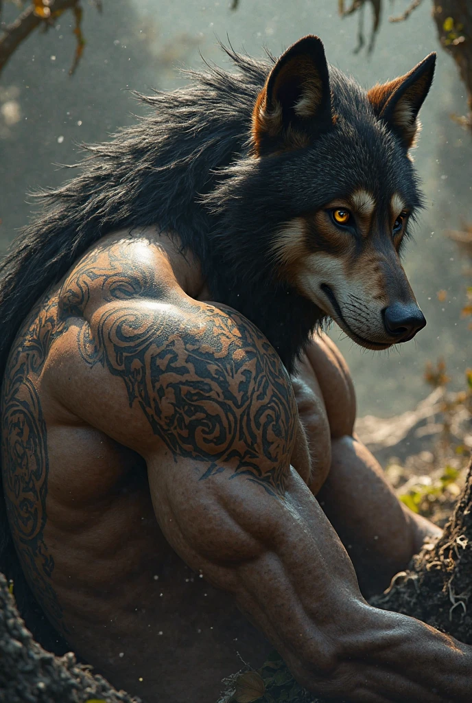 A wolf in the face, a muscular macho man in the body