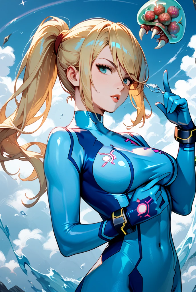 punctuation_9, punctuation_8_acima, punctuation_7_acima, Samus Aran de Metroid, terno zero, olhando para o espectador, action pose, tiro de vaqueiro