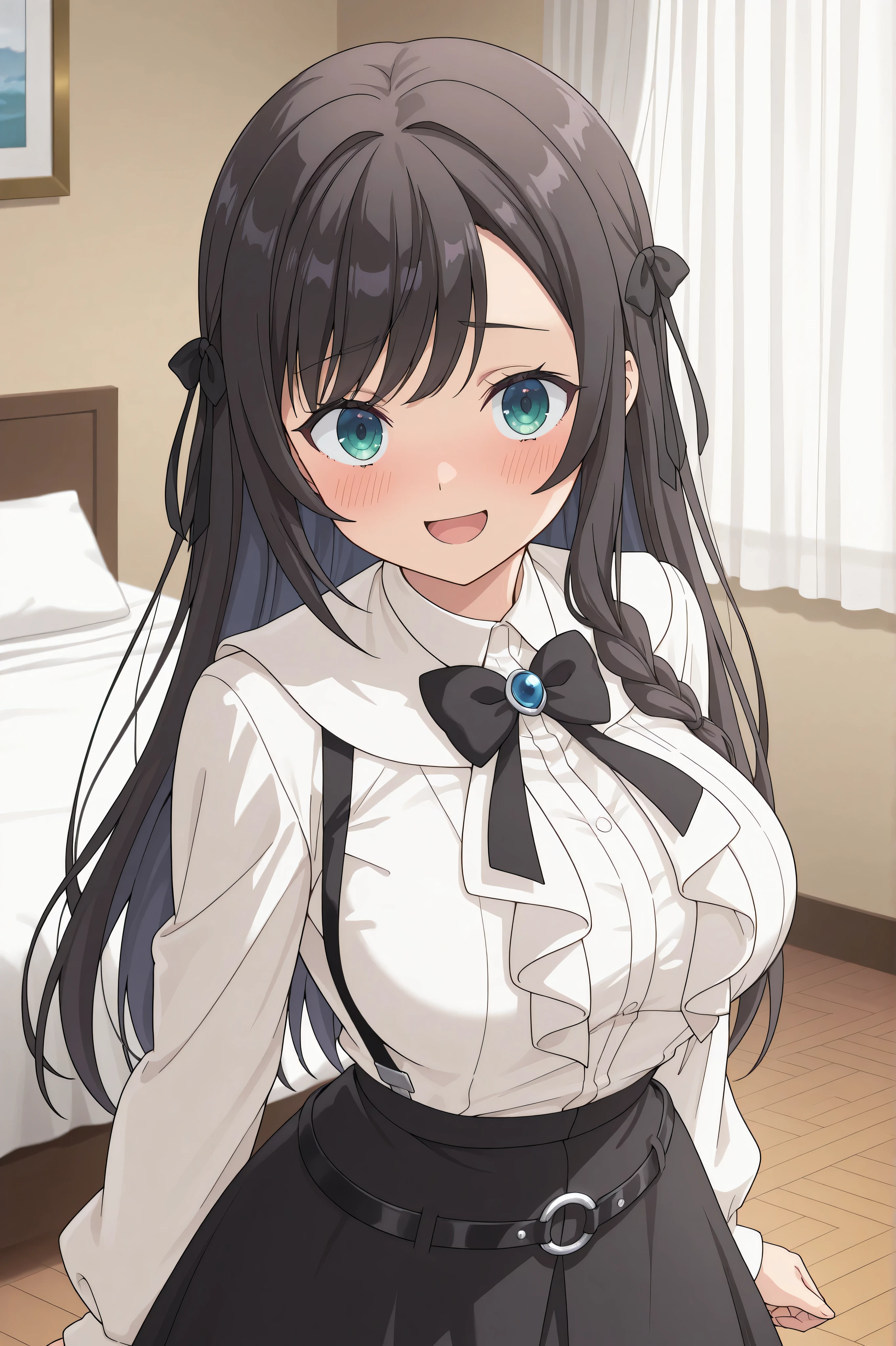 {{{masterpiece}}}, {{{best quality}}}, {{ultra-detailed}}, (detailed skin texture),solo,
alina clover (girumasu), long hair, black hair, swept bangs, (black hair ribbon), single braid, blue eyes, (green eyes:0.8), beautiful , white blouse, suspenders, black bowtie, jewelry, center frills, long sleeves, black skirt, belt, o-ring, white socks, mary janes, looking at viewer, cute smile,embarrassed ,open mouth, standing, straight posture, large living room, bed, white curtains , upper body, hands at sides of body, upturned eyes