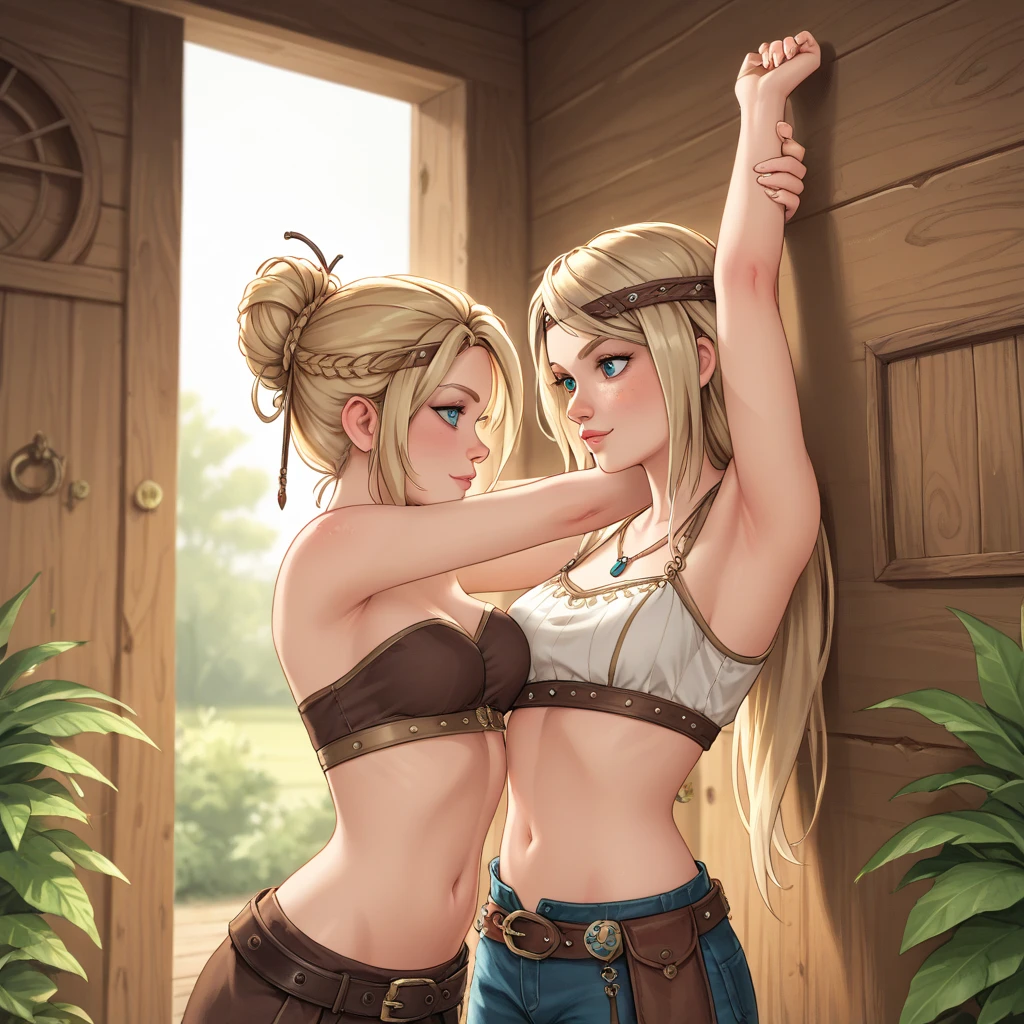1 girl, Natural photography of a beautiful girl, wearing a loose crop top, leaning over, long blonbe hair, big bust, locks eyes into the camera, symmetrical eyes, symmetrical face, (masterpiece) (best quality) (detailed) (8k) photorealistic, photography, path tracing, specular lighting, volumetric face light, path traced hair, visible shadows, intricate, elaborate, oiled boobs, cleavage, wet skin, flirty, freckles, blush, dark eyeliner, hanging breasts, girl bending over, strap gap