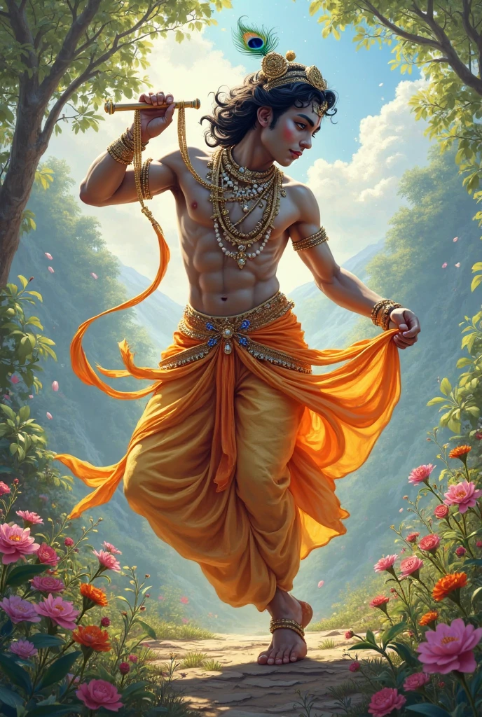A captivating scene set in the ethereal realm of Swarg Lok, where a 20-year-old boy, with the grace and allure of an Indian apsara, performs the sacred Tandav dance before the mighty deity Indra. His long hair, meticulously styled to cascade down his back like a waterfall of raven silk, is adorned with fragrant flowers and delicate strands of pearls that shimmer under the heavenly light. His face, a harmonious blend of masculine and feminine beauty, is painted with exquisite make-up that accentuates his high cheekbones and full, rosy lips. A pair of striking blue eyes, a rarity among the divine beings, peer out from beneath long, curled lashes, hinting at the youthful charm that lies beneath the guise of the celestial dancer. He wears a vibrant red bra-type blouse that clings to his torso, revealing just the right amount of skin to showcase the intricate mehndi designs that swirl up his arms like a tapestry of love and devotion. Around his waist is a mini skirt-style drape of a traditional Indian sari, which flutters with each precise movement of his dance, revealing flashes of gold and red fabric as he leaps and twirls. The garment is tied in a way that allows for the freedom of movement required for the Tandav, and the fringes are embroidered with glittering sequins that catch the light with every step. His slender legs, which seem to defy gravity as he dances, are revealed through the openings of the skirt, encased in sheer fabric that adds an air of mystery to his performance. His bare feet, sturdy yet elegant, strike the marble floor with the confidence of a seasoned dancer, echoing the rhythmic beats of the celestial drums. Indra, the king of gods, watches from his throne with a mix of admiration and curiosity, his eyes reflecting the sparkle of the diamond studded necklace that adorns his neck. The backdrop of the image is a breathtaking panorama of clouds and opulent palaces, with heavenly beings and mythical creatures looking on from the sidelines, all enve