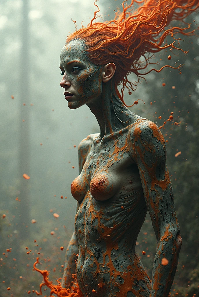 (cinematic, ultra real, hyper detailed, bokeh, standing low angle view left,:1.16), (hyper detailed, magnificent 23yo naked goddess, perfect alabaster skin, thin lips, red lipstick dark eyeliner, haunting remarkable eyes, sorrow, despair, nude, arms behind back,:1.21), (flaming redhead long wild hair blown by the breeze, through the desolation, :1.01), (blackened burnt scrubland mist smoke, dystopian future of a burning planet, desolation, loss, ominous silhouettes of charred trees,:1.06), (dramatic ominous sky on fire,:1.11), (sharp focus on emerald green eyes,:0.94), (black and white, monochrome film, ((clamp red)), :1.23), (professional photo, dramatic, soulful, darkly atmospheric, :1.22)