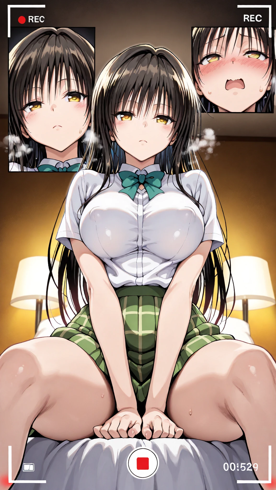 high school girl, At the bed, Green tie, Black mini skirt, Black Hair, She straddles the man and inserts his penis into her vaginal opening, Sperm drips from the vaginal opening, Small breasts