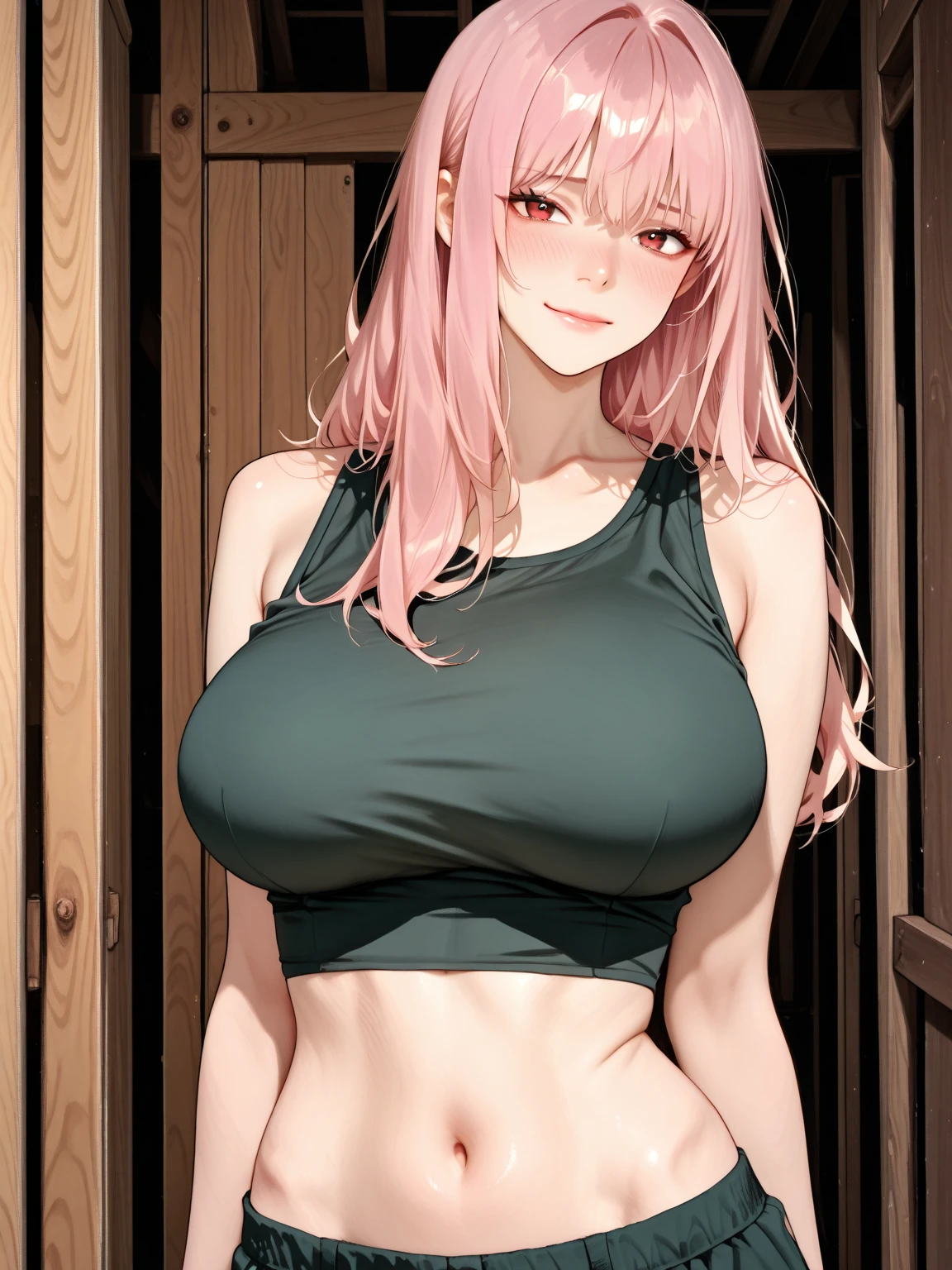 Masterpiece, best quality, highres, green eyes, pink hair, huge breasts, cleavage, tanktop, shorts, navel, indoors, bed, hanging breast, blush