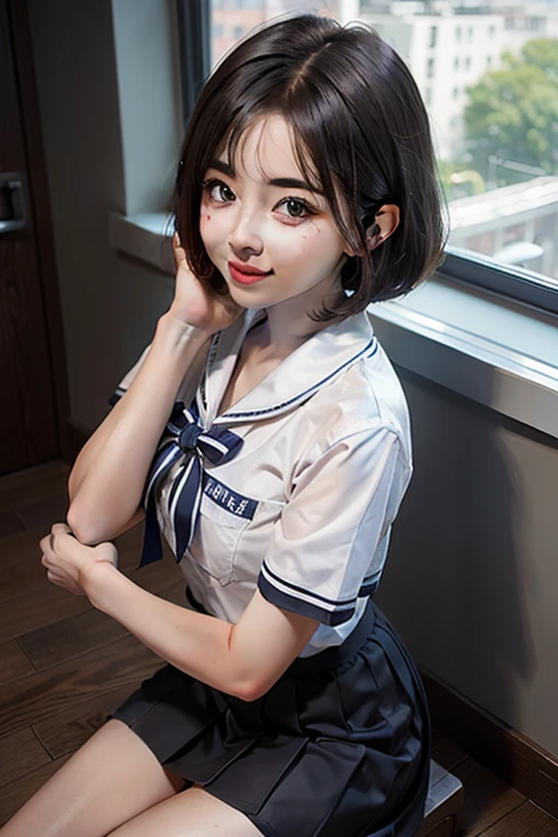 detailed face, cute face,18-year-old female, Long Hair, RAW Photos, bokeh (Realism: 1.4, Realistic), High-definition CG integrated 8K wallpaper, One girl, ((The body is slim: 1)), (Small breastss: 1), Back to viewers, ((Direct view from the front)), (high qualityスキン: 1.4), 8k Ultra HD, Digital SLR, Soft Light, high quality, Film Grain, Fujifilm XT3, ((school uniform, Short skirt,The open skirt is visible through:1.5)), ((Bedroom))) Lamb, Portraiture,((Layered Short Haircut, Black Employment,Small breasts:1.2)),(View your viewers:1.4),(whole body:1.8)、Blonde Hair