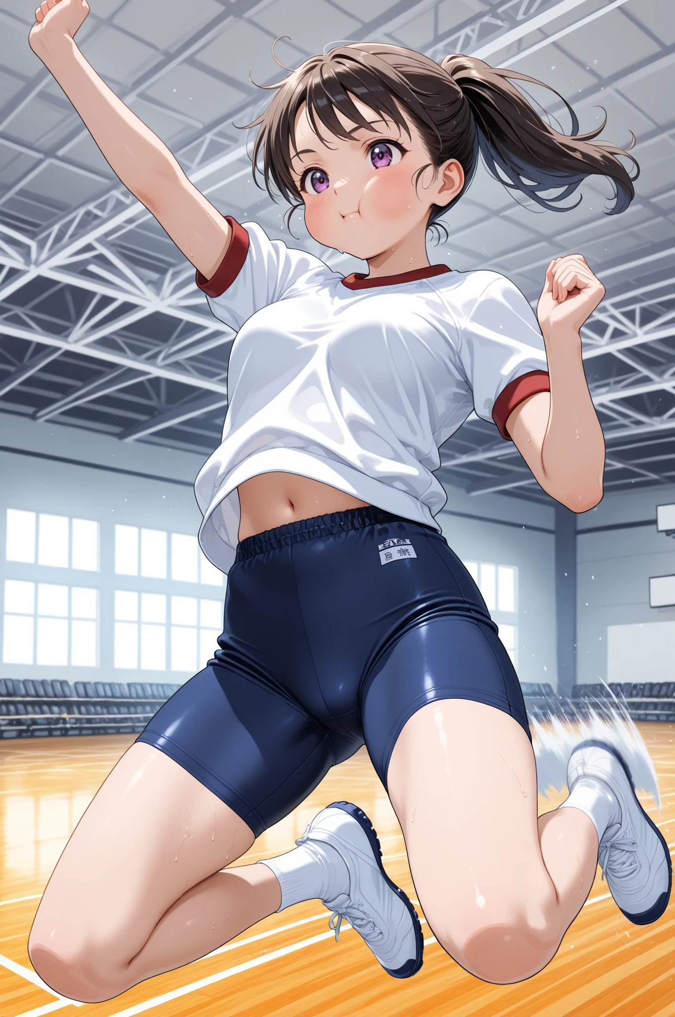 Highest quality、Black Hair、Delicate skin texture with detail、Sneaker Break(JUJUTSU KAİSEN)、Innocent、Be excited、play、Running and jumping、Dynamic pose、Dynamic Stretching、iris、Long Hair、girl、cute、16 years old、、Small hair ornament、1 person、Swimwear、Warm color pareo、、Embarrassing but fun、smile、Watery eye、blush、