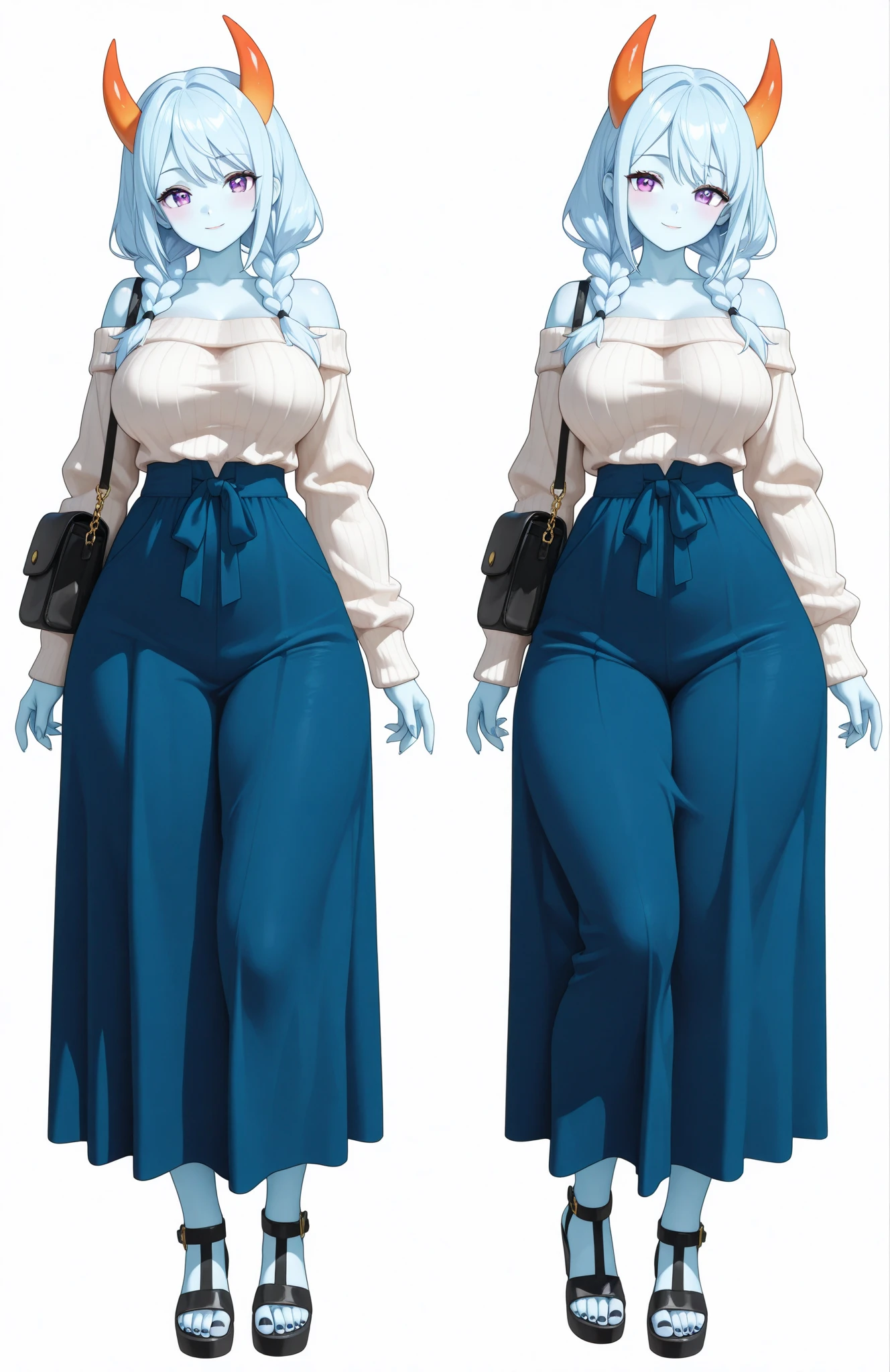 ((masterpiece)),(((best quality))),(Character Design Sheet, Same role, front, side, retreat), Elf Woman,(((Full breasts,)))(((Large Breasts))) (((Cleavage))) Glasses, curls, bow, Lace, White sweater, Corset, bright blue, blue long skirt, long skirt, Shoulder bag, Small pocket at waist, harness, tool带, tool