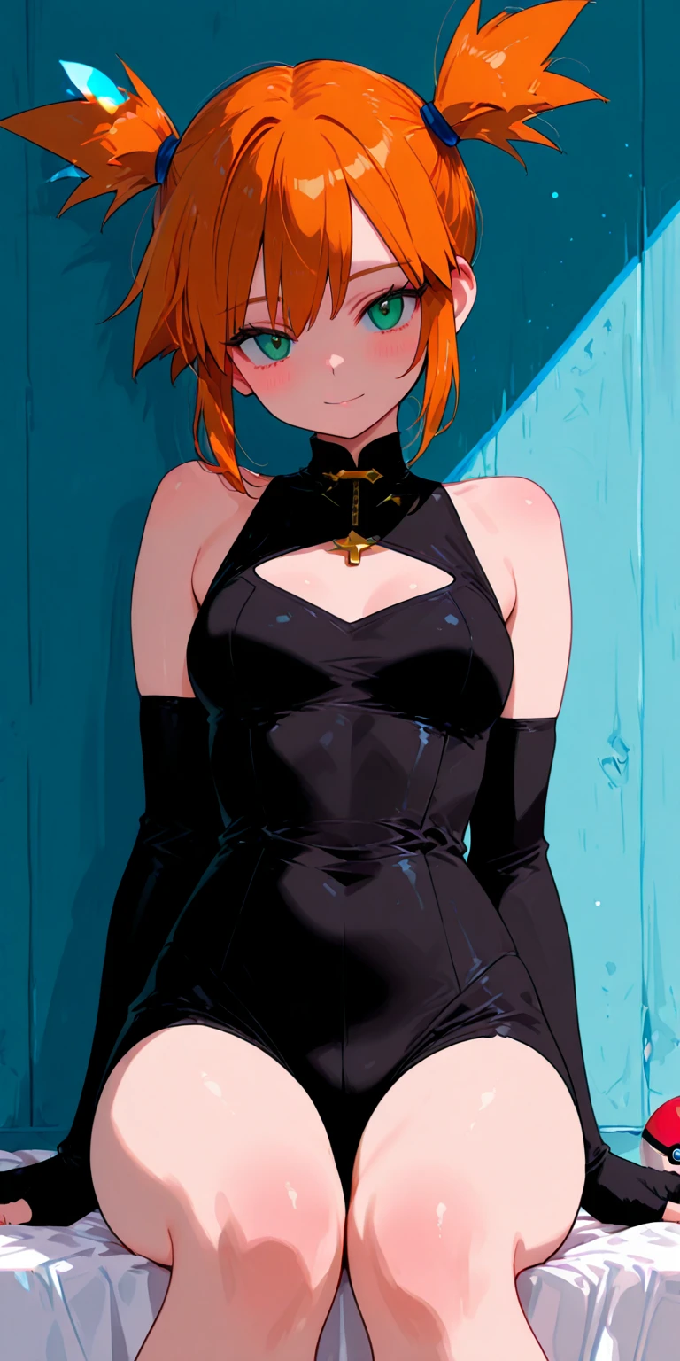 (Masterpiece), Best Quality , ultra-detailed, 1girl (Gwendolyn_Tennyson, breasts, orange hair, short hair, slicked-back hair, red eyes, half-closed eyes), a evil face, smirk, solo, facing viewer, looking at viewer, black latex bodysuits, undress, nipples, bare shoulders, in the room, night time, standing, Sexy waist teasing, a provocative pose, hands up, undressing , from_below