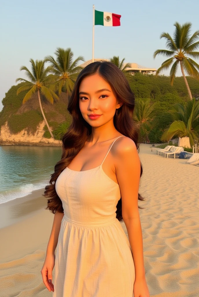 One Arafifty woman、Semi-long hair brown hair、Earrings、necklace、Light green dress、flip flops、Palm tree in the background、Beautiful sandy beach、Sitting on the beach、I can see your pants、Navy blue underwear、Large chest and butt、Perfect body lines、A kind smile、looking at the camera