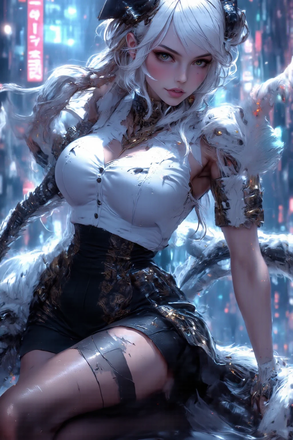 spiritual blue fire fluffy fox girl, (fluffy fox ears, fluffy fox tail), (spirit, spiritual:1.4), (blue fire:1.5), 1girl, perfect and well designed glowing shiny eyes, (beautiful detailed eyes:1.05), natural breasts, slim body, beautiful and delicate cute face, (face detail), ((realistic face)), pores, ((pale grey skin)), detailed skin, realistic skin, (((bioluminescence))), ((shiny skin)), (fangs:1.5), (multicolored gradation skin), (monster girl:1.25), (fur body:1.4), human face, medium length hair, hair voluminous, (((((multicolored gradation hair))))), super high resolution, 8k, parameters Best quality, (masterpiece:1.4), (magic accessories:1.4), bracelets, extremely detailed thick tight ({nylon|lycra}:1.5) pastel bright ((dark blue, (blue:0.4), silver:1.3), (pink, purple:0.75)) ornate {((dress shirt with stand-up collar:1.5), (vest:1.2), (tight pants:1.5))|(kimono:0.9)}, (standing nipples under cloth:1.3), (cameltoe:1.6), (ornaments on clothing:1.5), (neckline:1.3), (cleavage:1.2), decolette, navel, Young Girl, Little Beast, (Smile:0.7), (pale Skin:1.4), ((tattoos all over body, Tribal tattoos all over legs)), ultra detailed, photorealistic, ((Real image)), (best quality:1.4), super high resolution, (Realistic 2.0), More details, (((1girl))), roads, roofs, city, buildings, futuristic, {fantasy|cyberpunk}, technologies, (beautiful and aesthetic:1.2), (fractal art:1.4), (cinematic light:1.1), (DUTCH ANGLE:1.3), 16K, HDR, RTX, Ray Tracing, Radiosity, Anisotropic Filtering, Subsurface Scattering, (((magic lights))), metallic reflections, Detailed, Realistic, 4k highly detailed digital art, (cool_color), extremely detailed CG unity 8k wallpaper, vibrant colors, (((seductive pose)))
