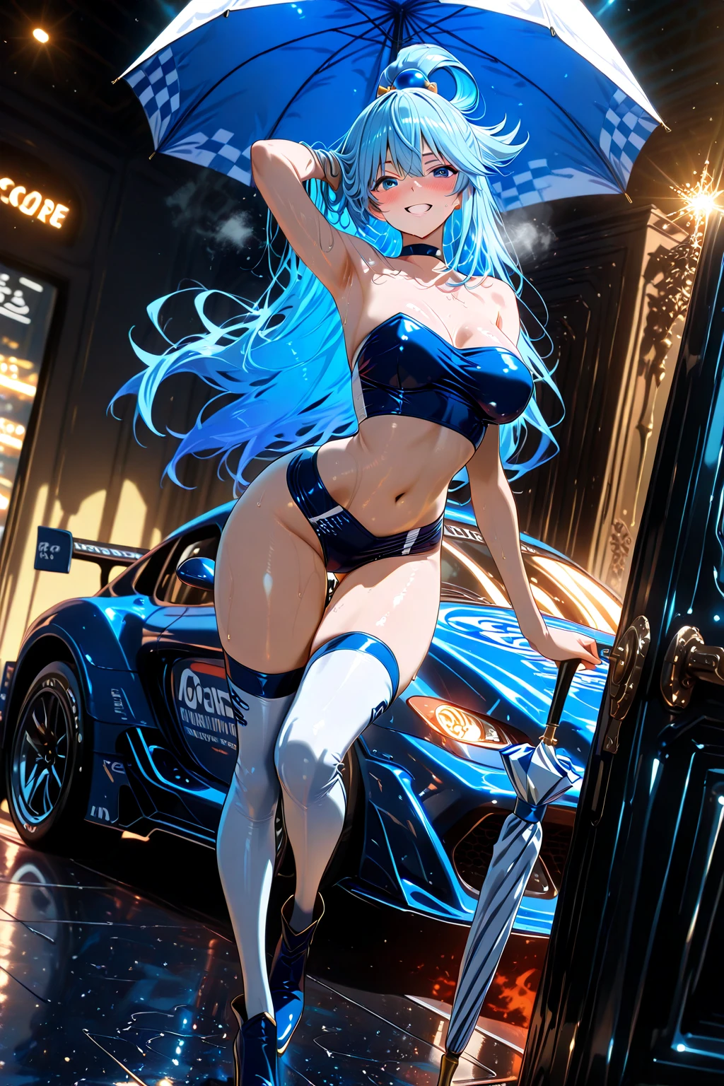 A woman wearing a silver dress, big breasts, blue hair, ponytail hair, purple eyes, next to a black luxury car (just a car), on a wide track with a view of buildings in the background, smiling, lighting in the spot, bokeh effect, silver heel, full body,atmospheric perspective, Surrealism, bloom, 8k, super detail, ccurate, best quality, UHD, anatomically correct, textured skin, high quality, highres, best quality
