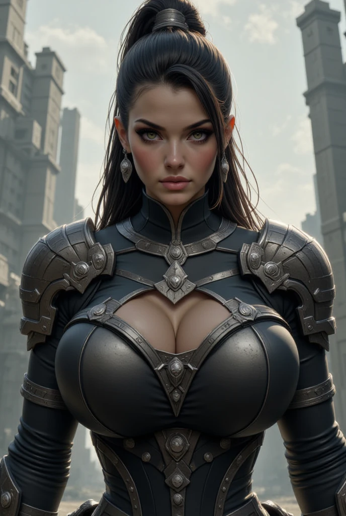(Best Quality,4k,8K,hight resolution,Masterpiece:1.2), Ultra-detailed, Realistic, physical based rendering, detailed face and body, beautiful detail eyes, beautiful detailed lips, Dark hair, Figure of a warrior, Strong abdominal muscles, suntanned skin, dark skin, (suntan: 1.5), (Stylish Black Leather Armor, covering the whole body: 1.5), Closed bodycon armor, medieval, Ancient Setting, dark atmospheric lighting, big breastes, (Far plan: 1.3).