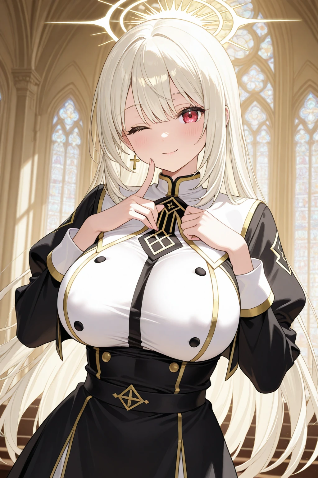 masterpiece, Highest quality, Official Art, Highly detailed CG Unity 8k wallpaper, Detailed Background, (Handcrafted by Guido Daniele), (Finger details), Mature Woman1, (Curvy), (Nuns),  (sitting in church), (Nuns gown:1.12), (Chest curtain:1.7), (Nuns skirt:1.11), (White Garter Straps Garter Belt:1.12), (Blonde long hair:1.12), (Hair intake:1.12), (Green Eyes:1.2), blush, (Loving smile, holy smile), ((Huge breasts:2.0、Sagging breasts:1.5、Long Breasts:1.3、sagging breast:1.5)), Tight waist, Shiny skin, (Cross Necklace), indoor, (Sacred Scene), (church:1.11), (Sunlight streaming through stained glass),(Mature Woman、milf),((sit、足を広げてsit))、Monastic Clothes、White panties、Photographed from diagonally in front、Confessional Pose、Clasp your hands in front of your chest、Close-up photo of the chest、naughty face、heavy breathing、Provocative smile、Sticking out tongue、on back、lying 、thigh focus、drunken eyes、pink_pubic_tattoo、spread_Legs