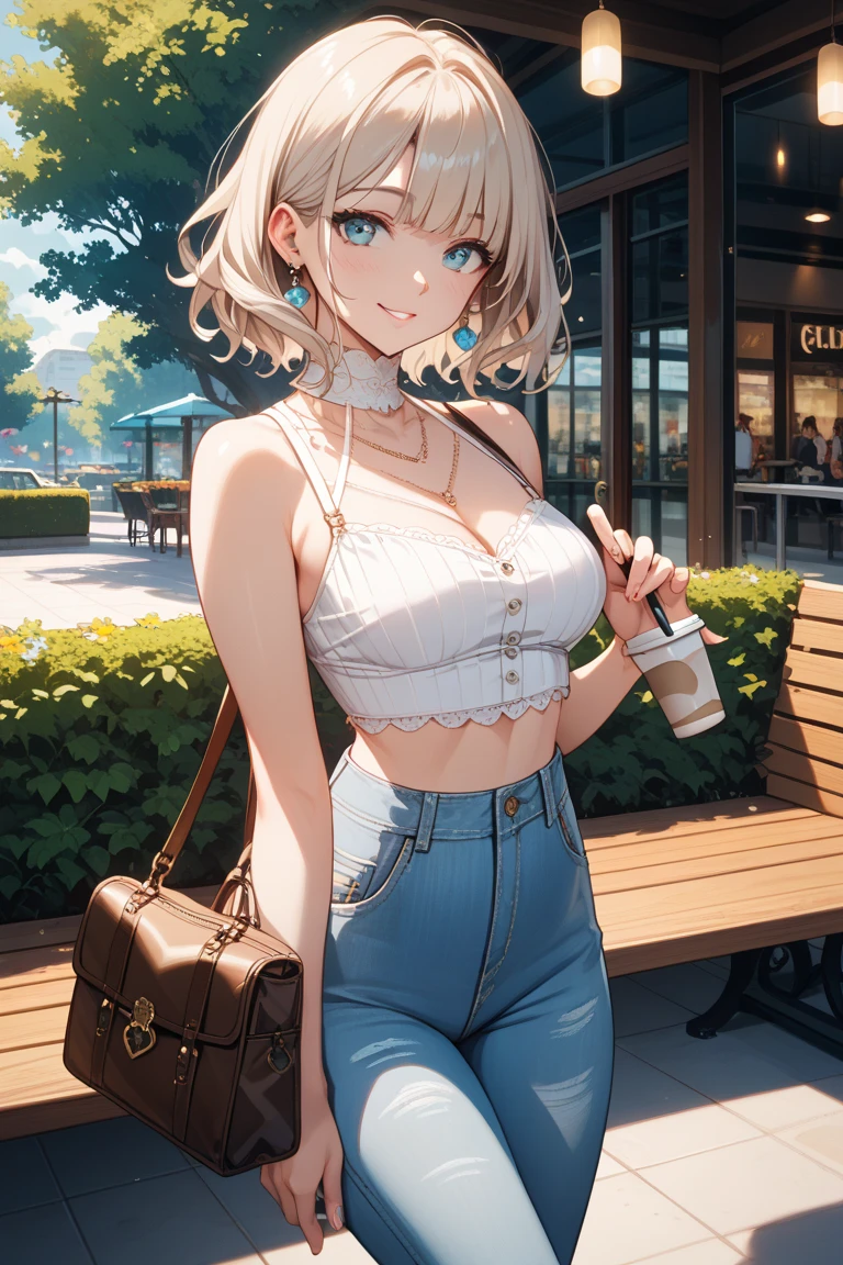 (masterpiece, Best Quality, ultra-detailed, high resolution, extremely detailed CG, official art, Professional Lighting, Perfect Anatomy, anime colors), (from below), looking at viewer, cowboy shot, perfect body, a 24yo beautiful girl, sidelocks, hairband, earrings,medium hips, glamorous body,a small face,beautiful-makeup,Makeup light,dark brown hair, Amazing Cleavage, thin waist, cute ass, Raised sexy, small breast: 1.2 posed cleavage:1.2, (off shoulders,Denimbra,legginullnude), micro denim shorts, bare legs, nail_polish, pale skin, Waiting friend, (morning:1.5), tokyo, (convenience store:1.3), outdoor, (depth of field:1.3), contrapposto, (Hold a coffee in your hand:1.3),delicate beautiful face, Bright blue eyes, cute eyes, sparkling eyes, Big eyes, (perky chest:1.1), (pointed chest:1.3), looking at viewer,
