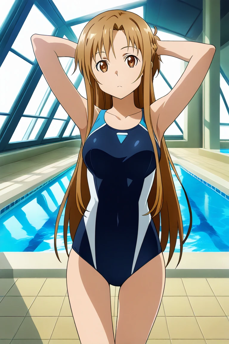 (top-quality,animesque,Anime Art Style,:1.5), Slender 13 year old girl, perspired,Navy One Piece Swimsuit,Lying on your back,Looking away,Sleeveless,