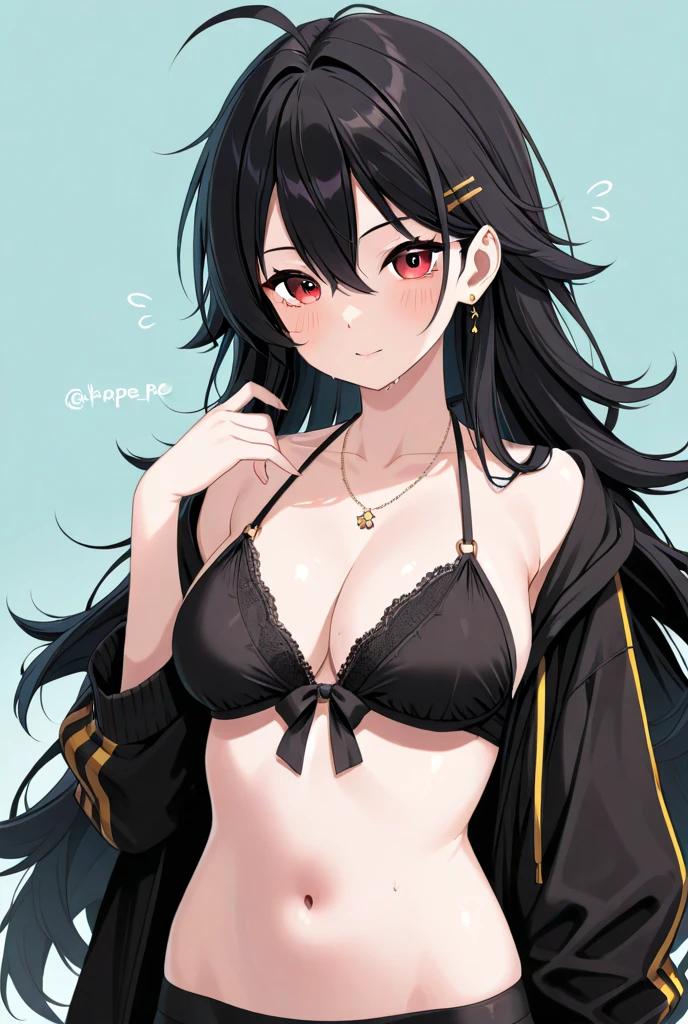 Junior high school student who looks like an elementary school student, 14 years old, very short, 140 cm tall, black hair with a slight green tinge, short ahoge, beautiful long hair but with a little hair sticking out, beautiful round eyes, blue eyes, smile, boyish, long sleeves, Thick clothes, skirt, big breasts, hair longer than waist, long hair, childish face, gentle smile, a little shy, black skirt, black hair with a slight green tinge, boyish, gentle smile, jacket one size larger, ( Deep greenish black hair: 1.3)，(her bra is visible:1.2)
