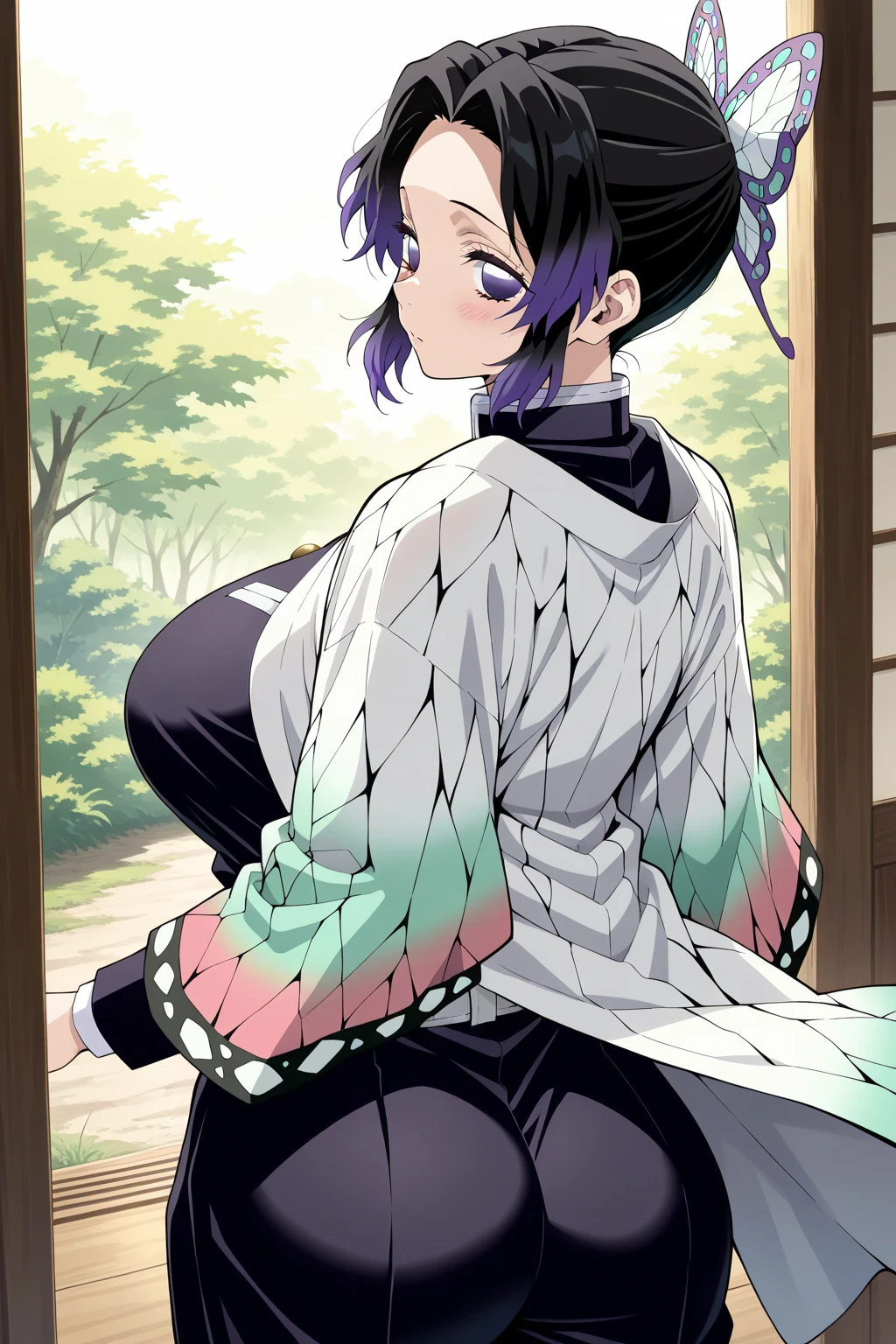 EFT_Shinobu, 1girl, demon slayer uniform, kochou shinobu, butterfly hair ornament, solo, hair ornament, purple hair, multicolored hair, black hair, smile, haori, japanese clothes, gradient hair, , short hair, jacket, bangs, parted bangs, black jacket, , room, indoors, blush, looking down, closed eyes, navel, belly, hands on own belly, lift t-shirt