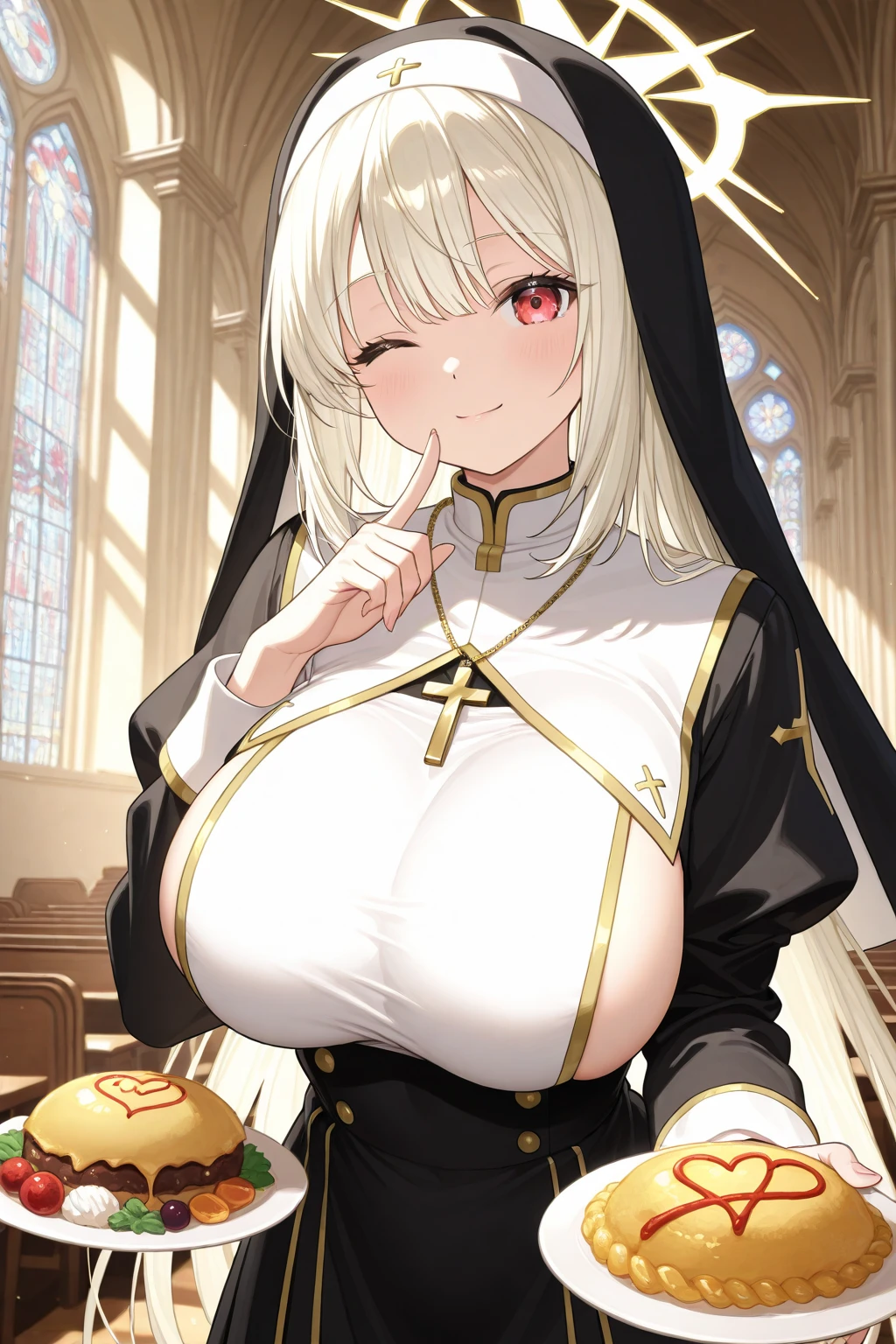 (POV from above), (Best quality: 1.5), (masterpiece: 1.5), (2.5D), (good definition), (detailed face), (well-drawn face), (vivid colors), (1 character) , (exaggerated proportions), (hentai), (perfect anatomy), (character in the center), (absurd), (4k wallpaper), (detailed eyes), (perfect hands), (perfect fingers), (skin beautiful), (shiny skin), (perfect shadows), (perfect lighting), (full body), (beautiful eyes), (masterpiece), (voluptuous body), (pretty face), adult woman, milf, milf face seductive, blonde hair with a low and slightly disheveled ponytail, green eyes, wears glasses, wears an erotic nun outfit, very nervous and embarrassed expression, huge breasts, huge thighs, huge butt, voluptuous body, good proportions, is in a church