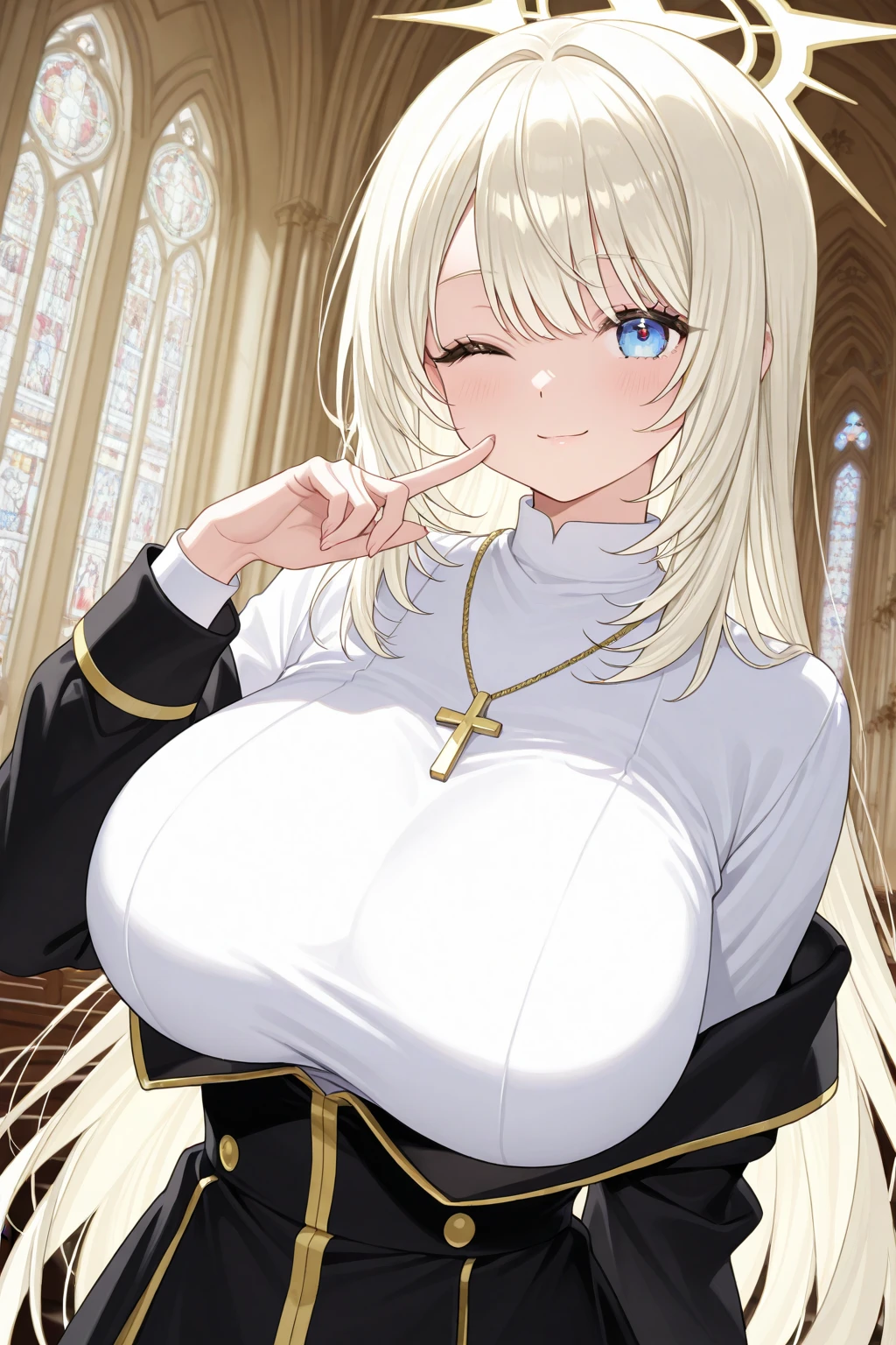masterpiece, Highest quality, Official Art, Highly detailed CG Unity 8k wallpaper, Detailed Background, (Handcrafted by Guido Daniele), (Finger details), Mature Woman1, (Curvy), (Nuns), (standing in church), (Nuns gown:1.12), (Chest curtain:1.4), (Nuns skirt:1.11), (White Garter Straps Garter Belt:1.12), (Blonde long hair:1.12), (Hair intake:1.12), (Green Eyes:1.2), blush, (Loving smile, holy smile), ((Huge breasts:1.5、Sagging breasts:1.5、Long Breasts:1.3、sagging breast:1.5)), Tight waist, Shiny skin, (Cross Necklace), indoor, (Sacred Scene), (church:1.11), (Sunlight streaming through stained glass),Mature Woman、((sit、足を広げてsit))、Monastic Clothes、White panties、Photographed from diagonally in front、Confessional Pose、Clasp your hands in front of your chest、Close-up photo of the chest、naughty face、heavy breathing、breast focus、Provocative smile、handjob、Sticking out tongue、penisを手コキ、(3penis、penis)、両手でpenisを手こき、(Blowjob,fellatio)、((3本のpenis、片手ずつでpenisを手コキ))、Facial,((hair cum, licking penis, oral invitation、cum in mouth, bukkake)))、(((excessive cum、pojecile cum))) 、(((射精中のpenis、penisから勢いよく飛び出る精液)))