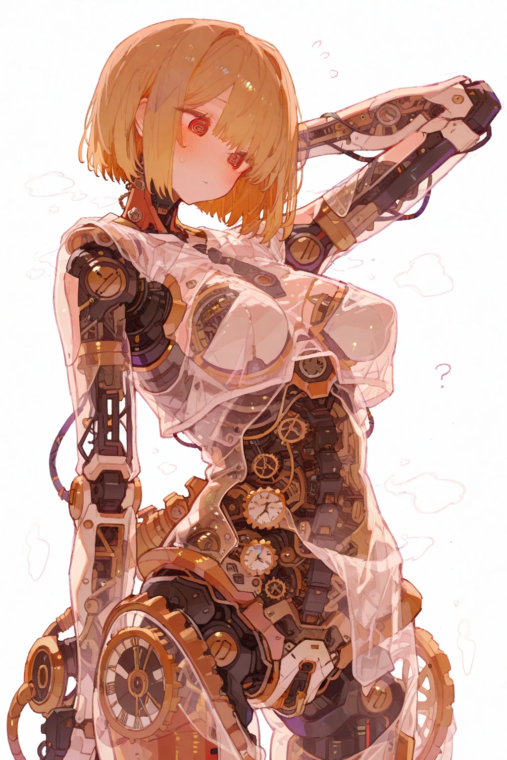 (((masterpiece))), (((best quality))), ((ultra-detailed)), (highly detailed CG illustration), ((an extremely delicate and beautiful)),(cute delicate face),cinematic light,((1mechanical girl)),solo,full body,(machine made joints:1.4),((machanical limbs)),(explosed muscles),(blood vessels connected to tubes),(a brain in container:1.3),((mechanical vertebra attaching to back)),((mechanical cervial attaching to neck)),((sitting)),expressionless,(wires and cables attaching to head and body:1.5),small breasts,short hair,(character focus),science fiction ,