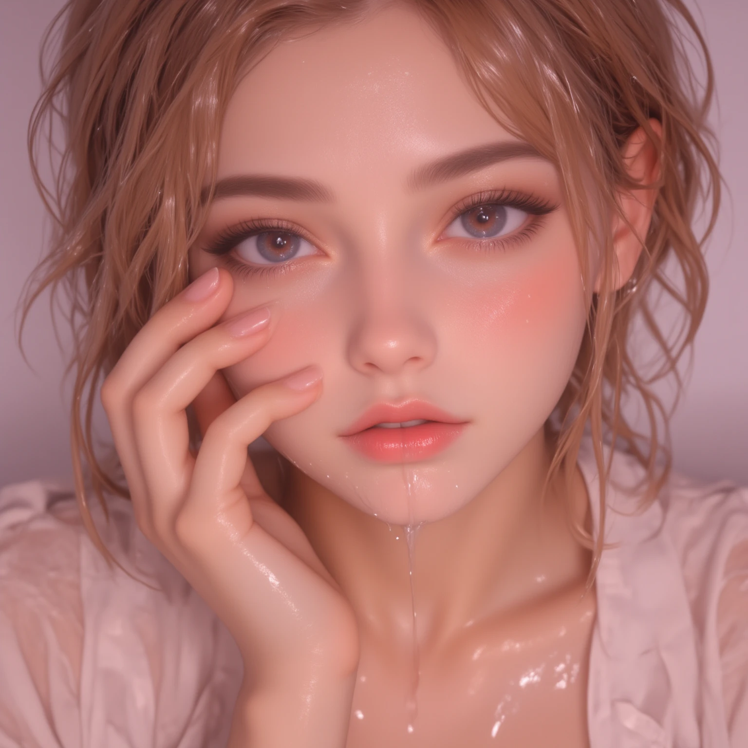 high quality, detailed,a girl with white water drops on her face.she is taking a shower,lots of white water droplets.(at night:2.0),green eyes.she is 13 years old japanese bitch office lady,prostitute,she has a mole under her eye,(((smallest breasts:1.2))),(wearing white business shirt),((wearing black blazer and black bra:1.2)),blunt bangs,((blonde wavy hair,very wet hair and wet face,shiny face)),slender,nipples,temptation,((lying down on the bed:1.2))
((she opens her mouth wide,her cheeks are very red))smile
(selfish:1.4,fisheyes lens)