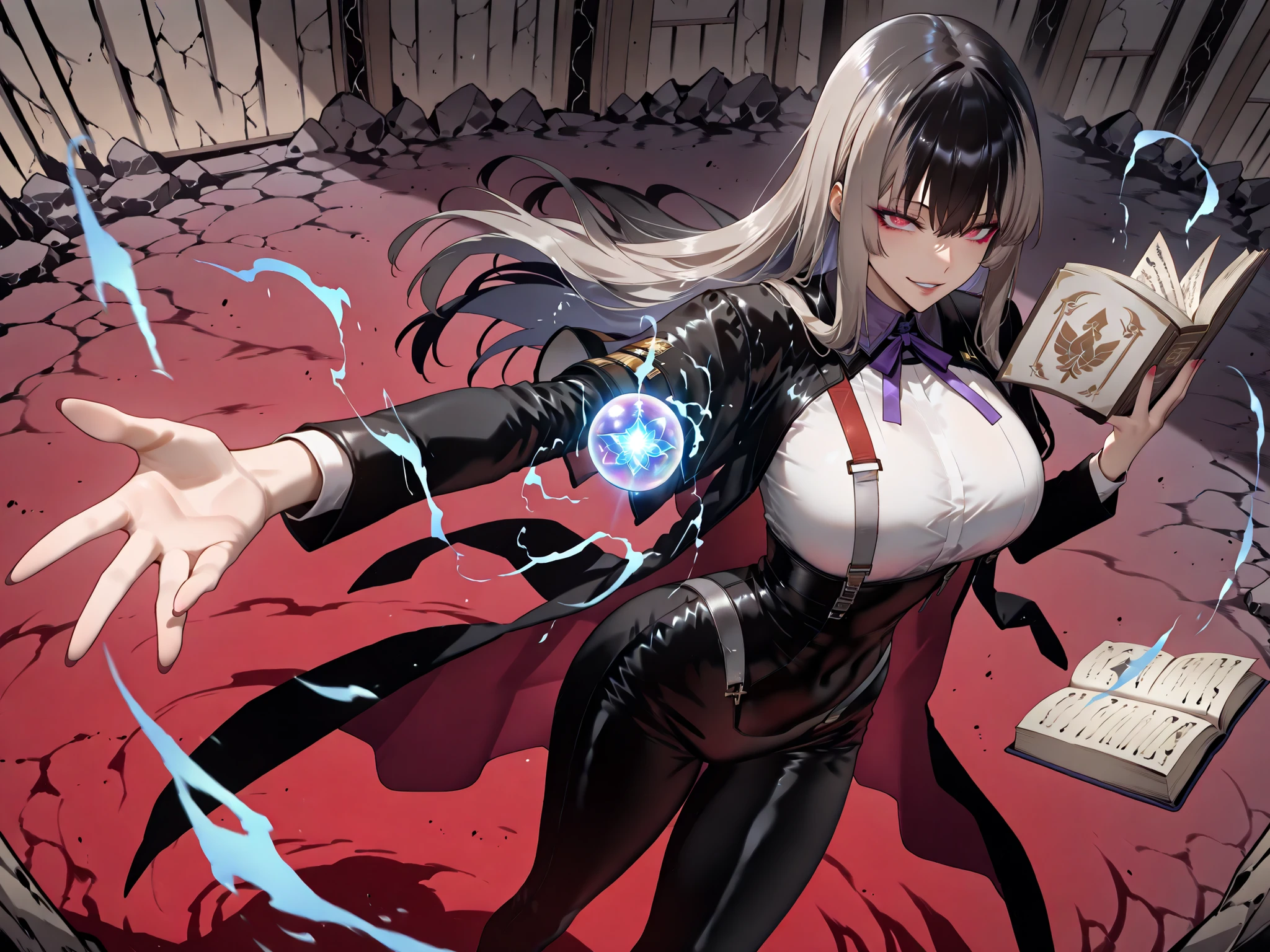 Ball of Light、雷magic、taken from above、caveの中、Ruins、black suit、black longsuit、 black long jacket、ゴスロリなshirt、Depressed、Tall Woman、A woman in her thirties、 Alassah's woman、Steins;Gate、 black longsuit 、score_9, score_8_up, score_7_up, Source_anime,masterpiece、No expression、no makeup、top quality,Beautifully Detailed Eyes, Exquisite Eyes、A sophisticated eye、highly detailed eyes and faces,unmotivated expression、lethargic face、 long breasts, Black Jacketを羽織る、Black Jacket、shirt, big saggy breasts, shockingly big breasts, big breasts,big boobs、boobs 、Zitoida, makeup、no makeup、long hair、smooth straight hair、black slacks、tall woman、Tall Woman、plump thighs, parted lips、 shining eyes,(Fire Aura Onkown),dungeon内、Crimson Eyes、long hair、dark haired、黒い髪、long straight hair、dungeon、cave、Ruins、solo、soloプレイヤー、Wide ass、beautiful butt、and stick your butt into the focus of your butt、long boots、Shoulder Armor、Fearless Laugh、strong、Is confident、suit pants、黒いlong pants、Black Skinny、long pants、Dynamic、Satu、fight、Satu狂、俺だけレベルupな件、arrogant、 Confidence々The smile 、bewitching smile、Sadist、Satu中、hunting、hunting、intimidating、magic使い、magic、Spell Book、magic、Spell Book、magicの本、Floating Book、floating book、Pearl of Light、Light Ball、 Floating Books、Flying Book、左手にmagicの玉、plasma、plasma球、Glowing sphere、Flying Book