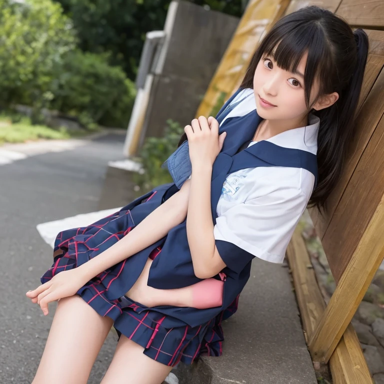 High resolution、High resolution、In 8K、RAW Photos、Highest quality、masterpiece、1 girl in her 20s, Wavy Hair,Japanese high school uniform、Sit with your legs apart、M-shaped legs、Showing her ass、White panties、 Anatomically correct,bangs、Waist、thigh
