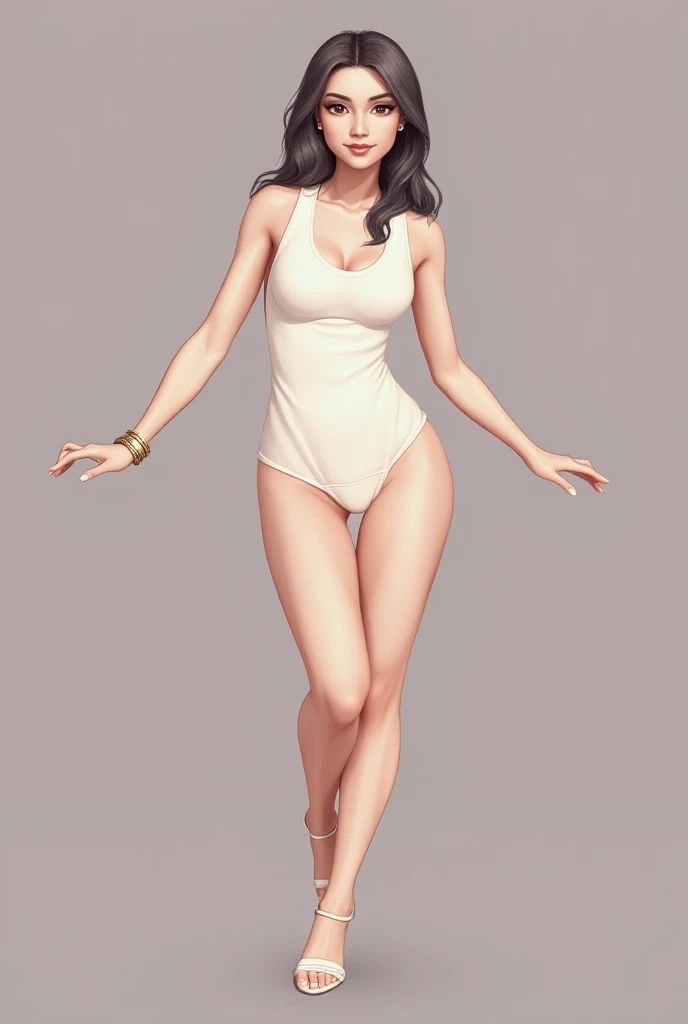 image split vertically in three, full body on the picture, standing chilian girl 25 years old, medium breast size, light brown eyes, brown straight hair, brown lipstick, swimsuit, black shooes, white background