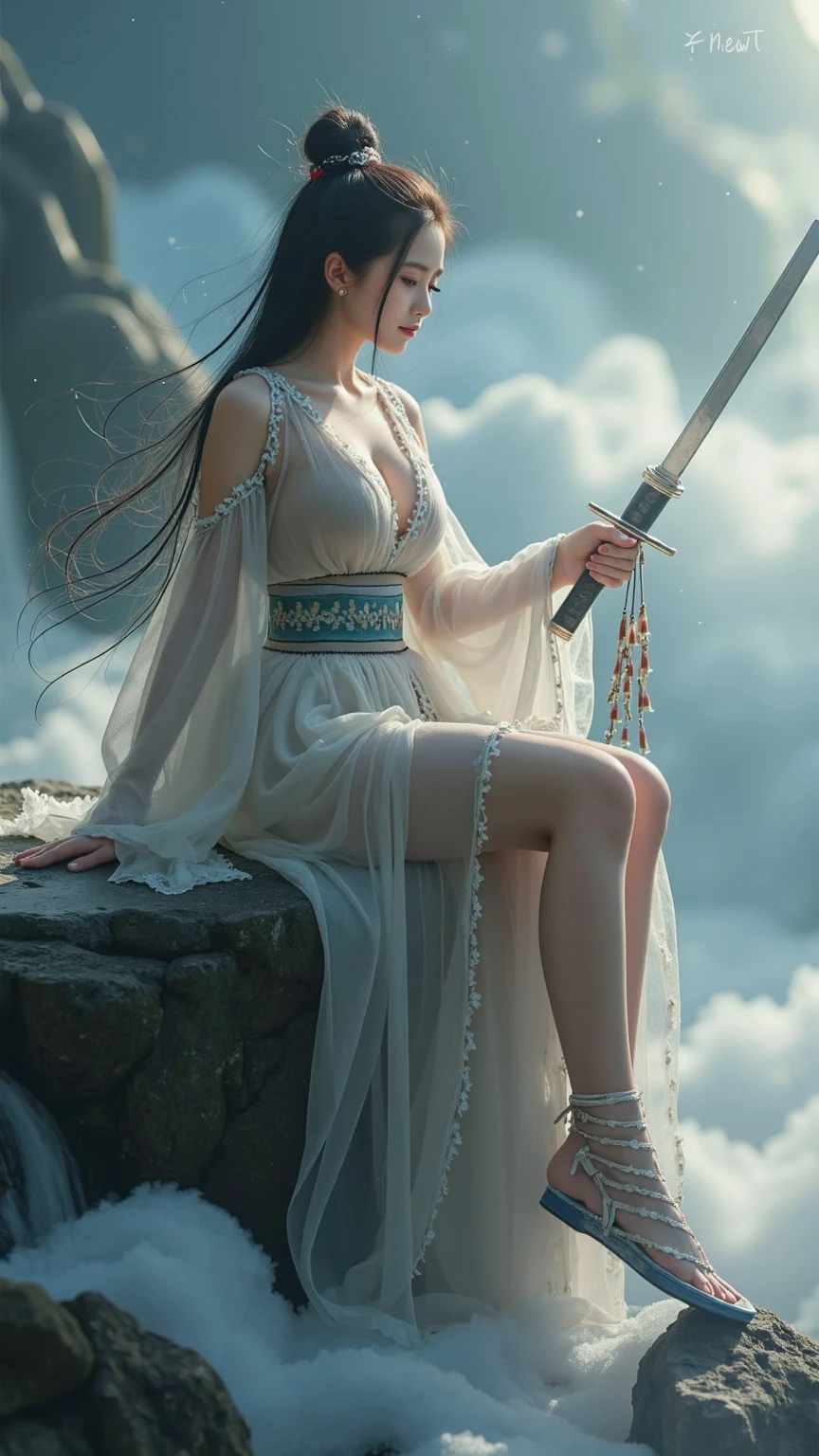 (Best Quality, Masterpiece: 1.2), (Realistic, Photo Photorealistic: 1.4), (Very Detailed CG Unity 8k Wallpaper), (dunhuang_ dress: 1.2), (1 girl), (solo: 1.1), (full body: 1.2), medium breasts, (long floating hair), jewelry in hair, very detailed, (dancing: 1.4), (floating ribbon: 1.6), wind, (style swirl magic: 1.1), dreamy, spectacular, (fog: 1.4), clouds, sun, desert, full body, long legs, barefoot, dangling, groundless