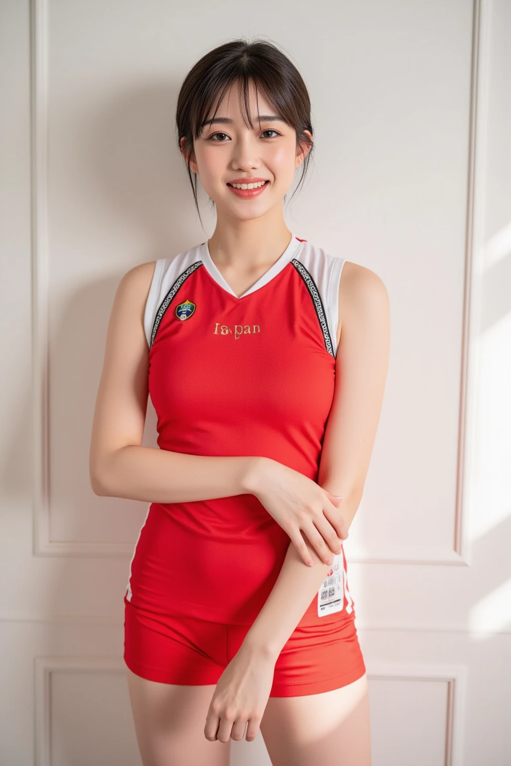 (Photoreal: 1.4), (Hyper-realistic: 1.4), (Realistic: 1.3), (Smooth lighting: 1.05), (Improved cinematic lighting: 0.9), 32K, 1 girl, 20 year old girl, Realistic lighting, Backlight, Face Light, raytrace, (Whitening light: 1.2), (Image enhancement: 1.4), ( Top quality real skins: 1.4), Narrow eyes, Fine face, Narrow eyes, (Body Line Mood Increase: 1.1), Oversized breasts, Big, (Skin Texture Enhancement Beauty: 1.1),Volleyball uniform:1.4, Indoor_Volleyball_court_Background:1.4, thighs thighs thighs thighs, Protruding , Crotch