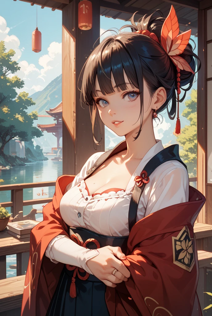 (Japan Beauty、shrine maiden、20yr old、Beautuful Women:1.5、cute little:2、spotless、g-cup:1.5)、(write、A smile、slightly red cheeks)